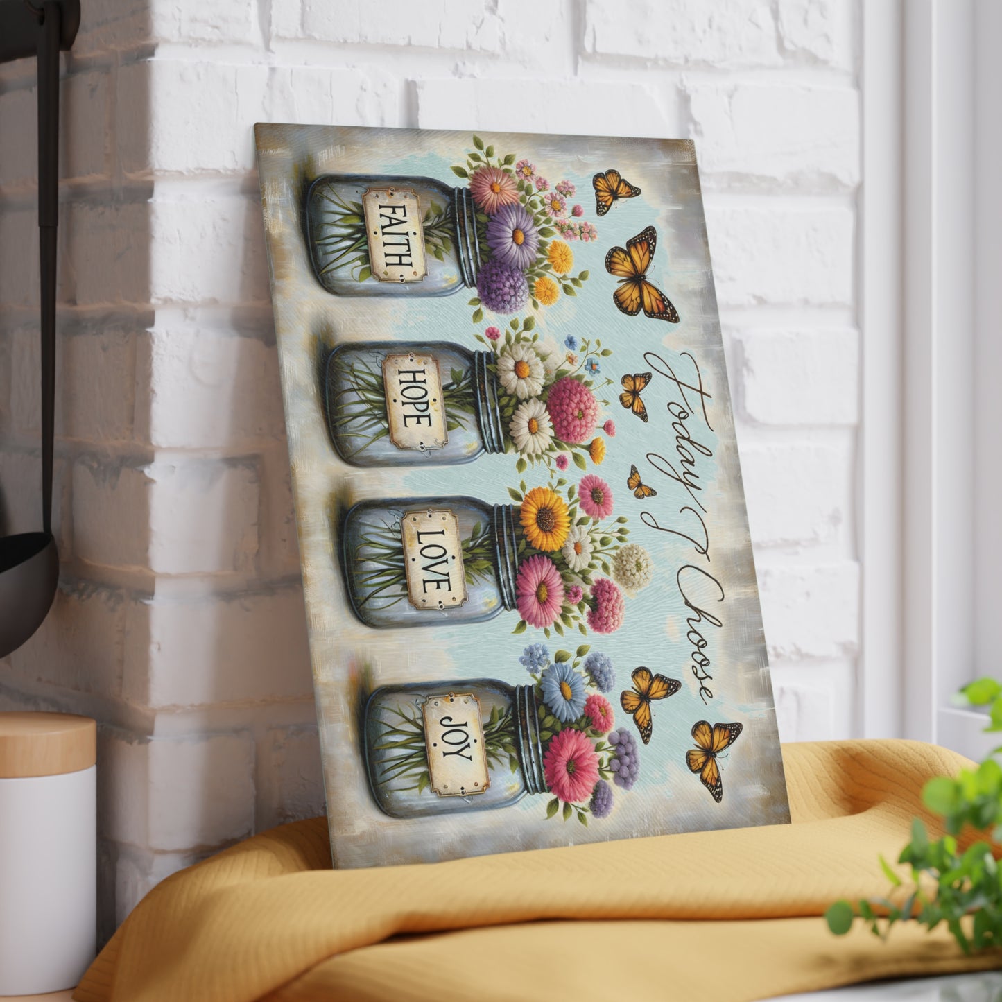 🌼 Hoy elijo – Tabla de cortar de fe, esperanza, amor y alegría – Decoración floral inspiradora para la cocina