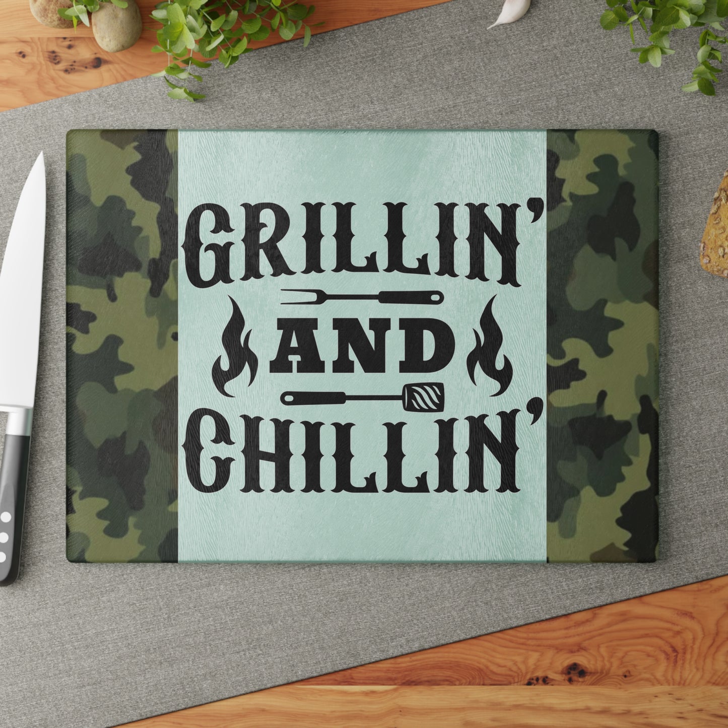 🔥 GRILLIN AND CHILLIN Glass Cutting Board – Camouflage BBQ Prep Style 🍔