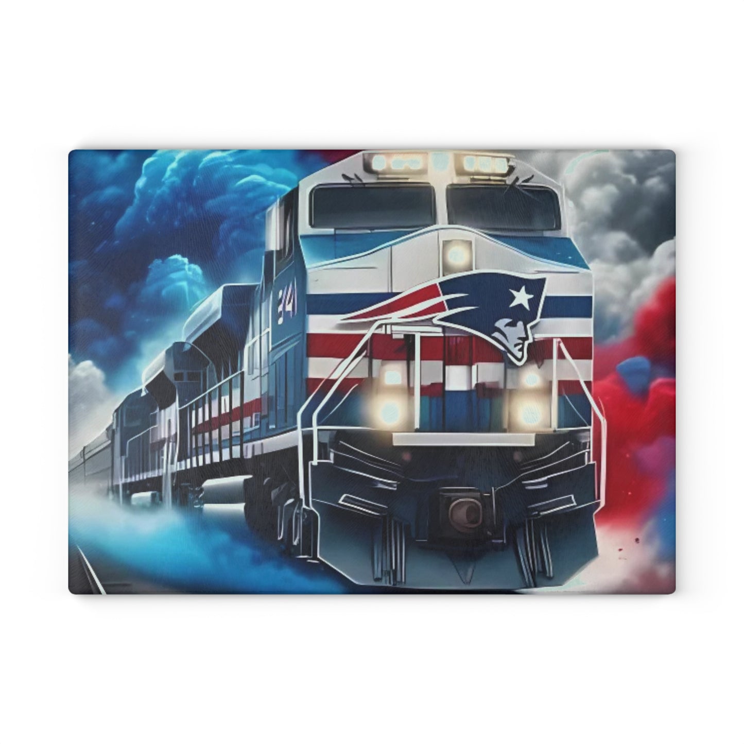 Tabla de cortar de vidrio Express en azul marino, rojo y plateado: arte clásico de trenes para cocinas patrióticas y refinadas