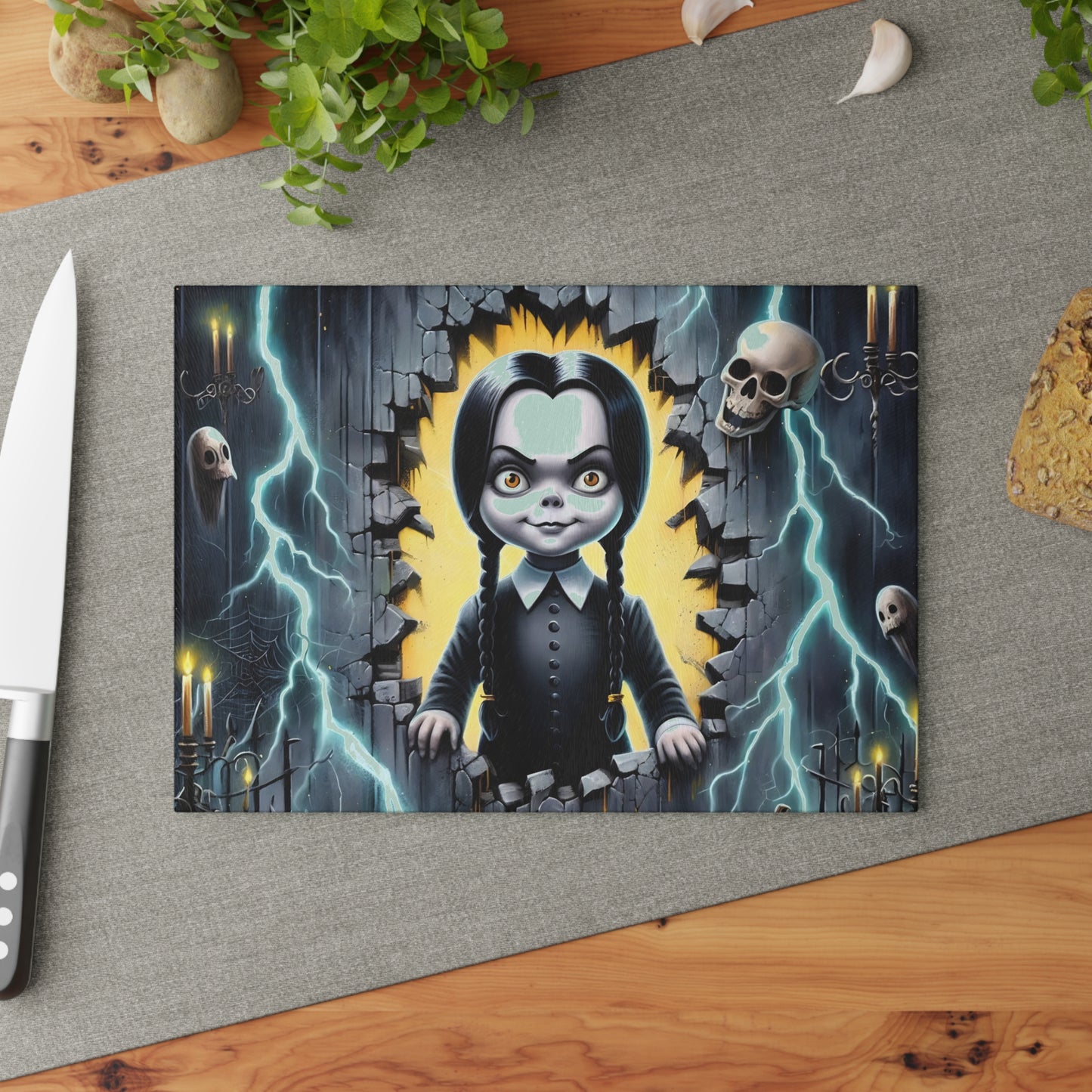 ⚡ Gothic Lightning Girl Cutting Board – Spooky Cool Vibes with Skulls, Candles & Bold Attitude 💀🌩️