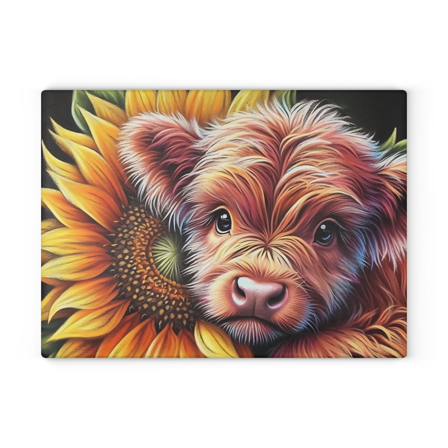 🌻 Highland Cow with Sunflower Glass Cutting Board – Beautifully Detailed Artwork for Your Kitchen 🌟
