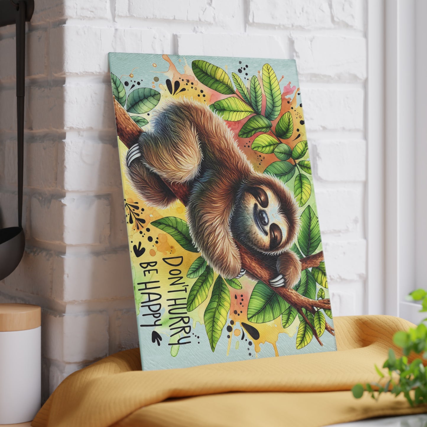 Sloth “Don’t Hurry Be Happy” Cutting Board – Whimsical Jungle Charm for Your Kitchen