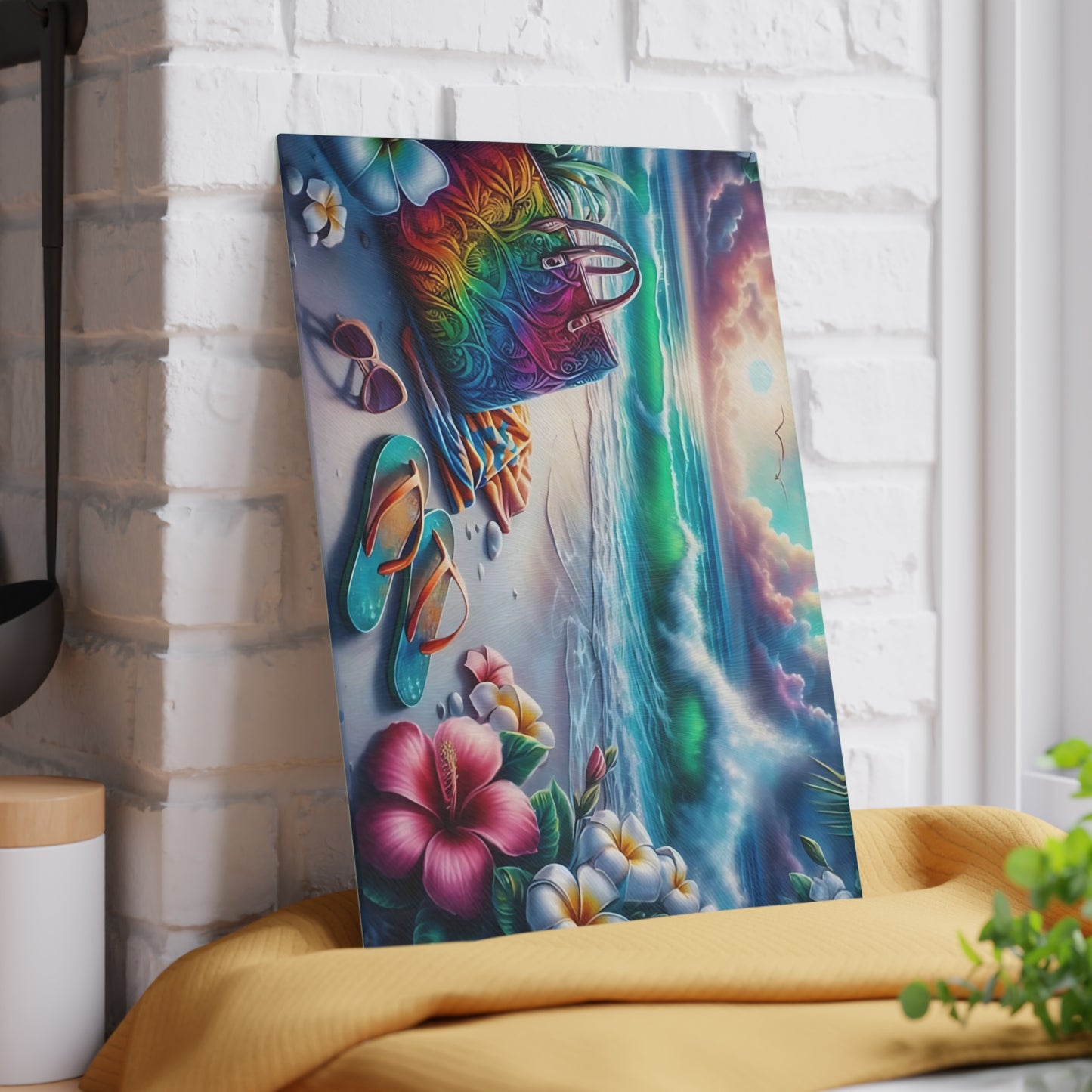 Tabla de cortar de vidrio "Día de Playa Tropical" - Decoración de cocina con ambiente veraniego, decoración costera, arte oceánico, regalo playero, tabla de cortar de vidrio, decoración de cocina tropical, aspecto pintado a mano, escena playera
