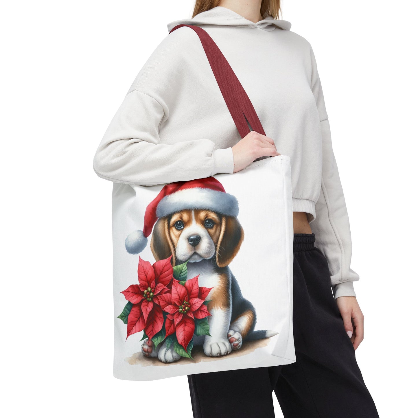 🐶 Beagle Puppy & Poinsettia Christmas Tote Bag – Sweet Holiday Charm in Every Step 🎄