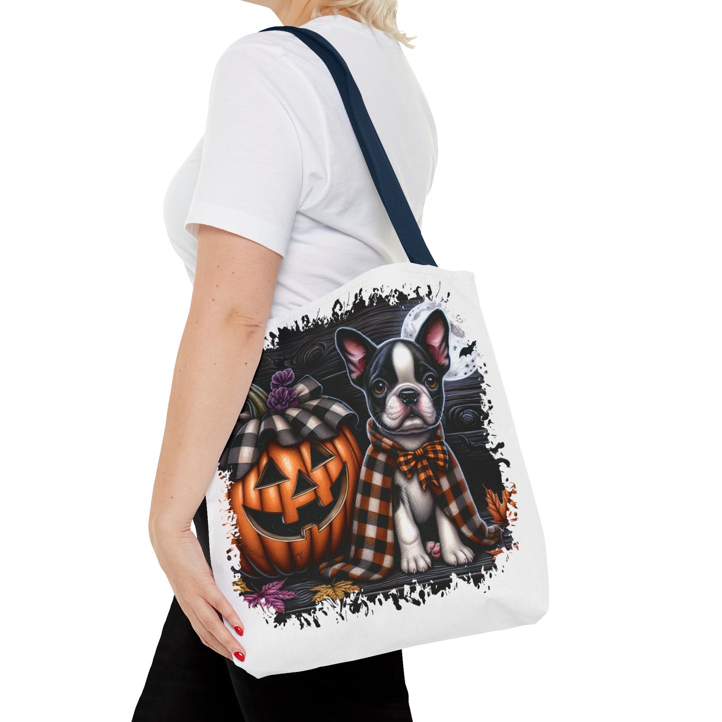 🎃 Boston Terrier Halloween Tote Bag – Spooky Cute with Plaid Style 🐾🖤👜