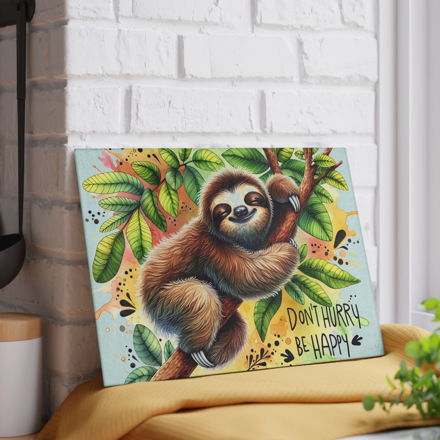 Sloth “Don’t Hurry Be Happy” Cutting Board – Whimsical Jungle Charm for Your Kitchen