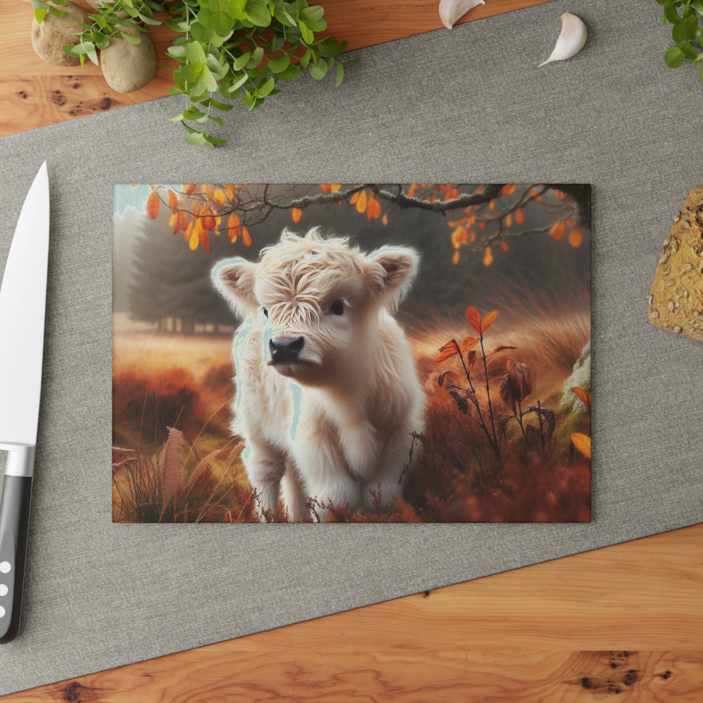 🐮🍁 Autumn White Calf Cutting Board – Cozy Highland Charm for Your Fall Kitchen