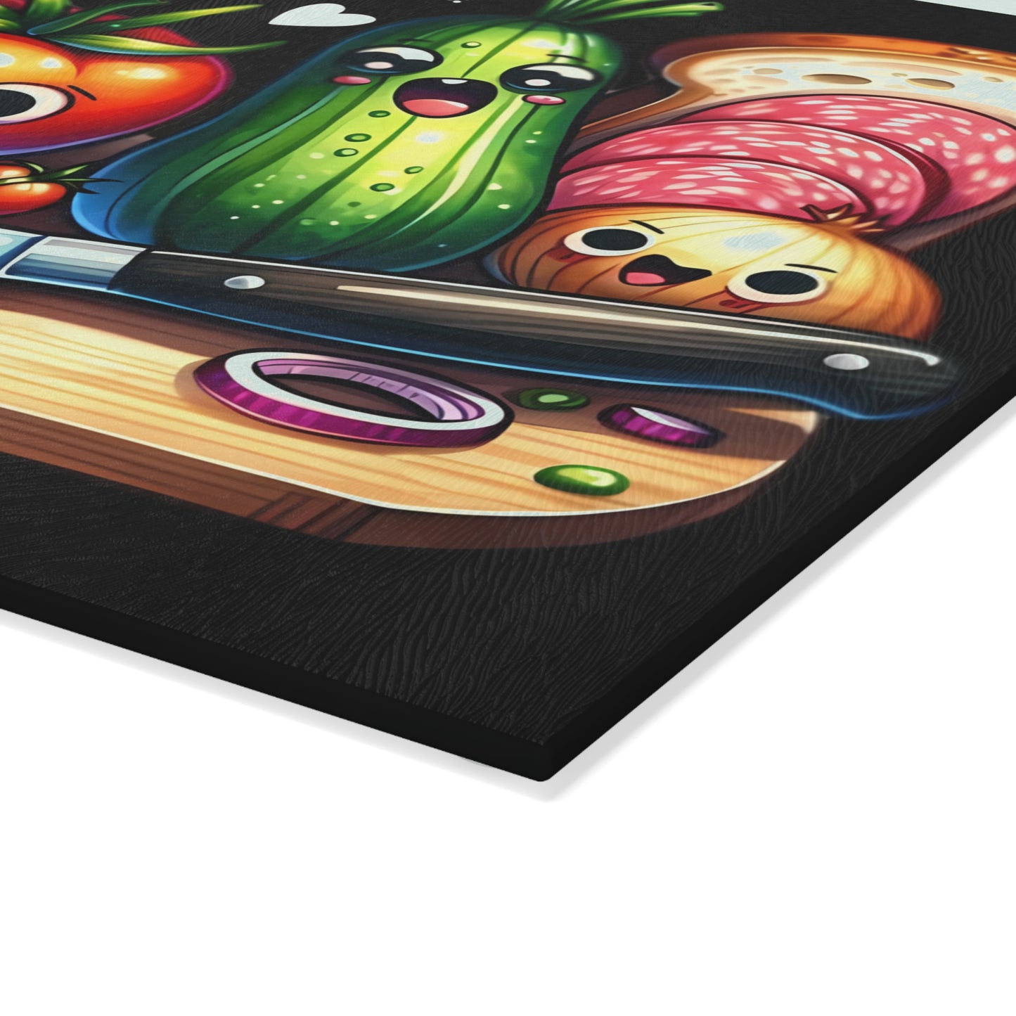 Tabla de cortar de vidrio con temática de escena del crimen en la cocina: verduras, pan y salami que gritan, decoración divertida para la cocina