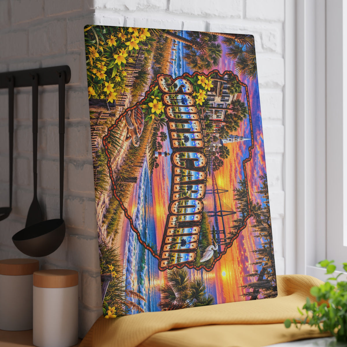 South Carolina Glass Cutting Board – Charleston Waterfront, Ravenel Bridge, Sea Turtle, Lighthouse & Coastal Sunset Kitchen Décor
