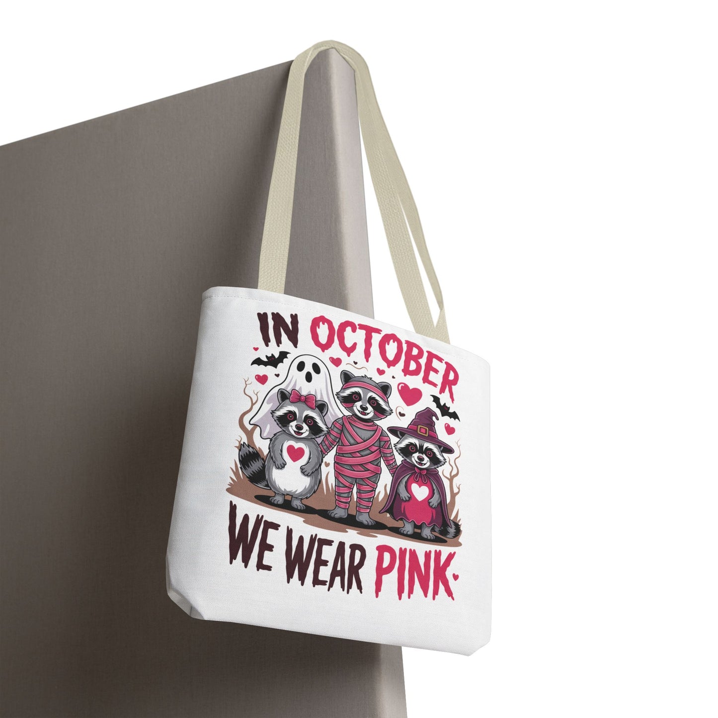 🎀 In October We Wear Pink Raccoon Halloween Tote Bag – Spooky Cute Awareness Style 🦝👜