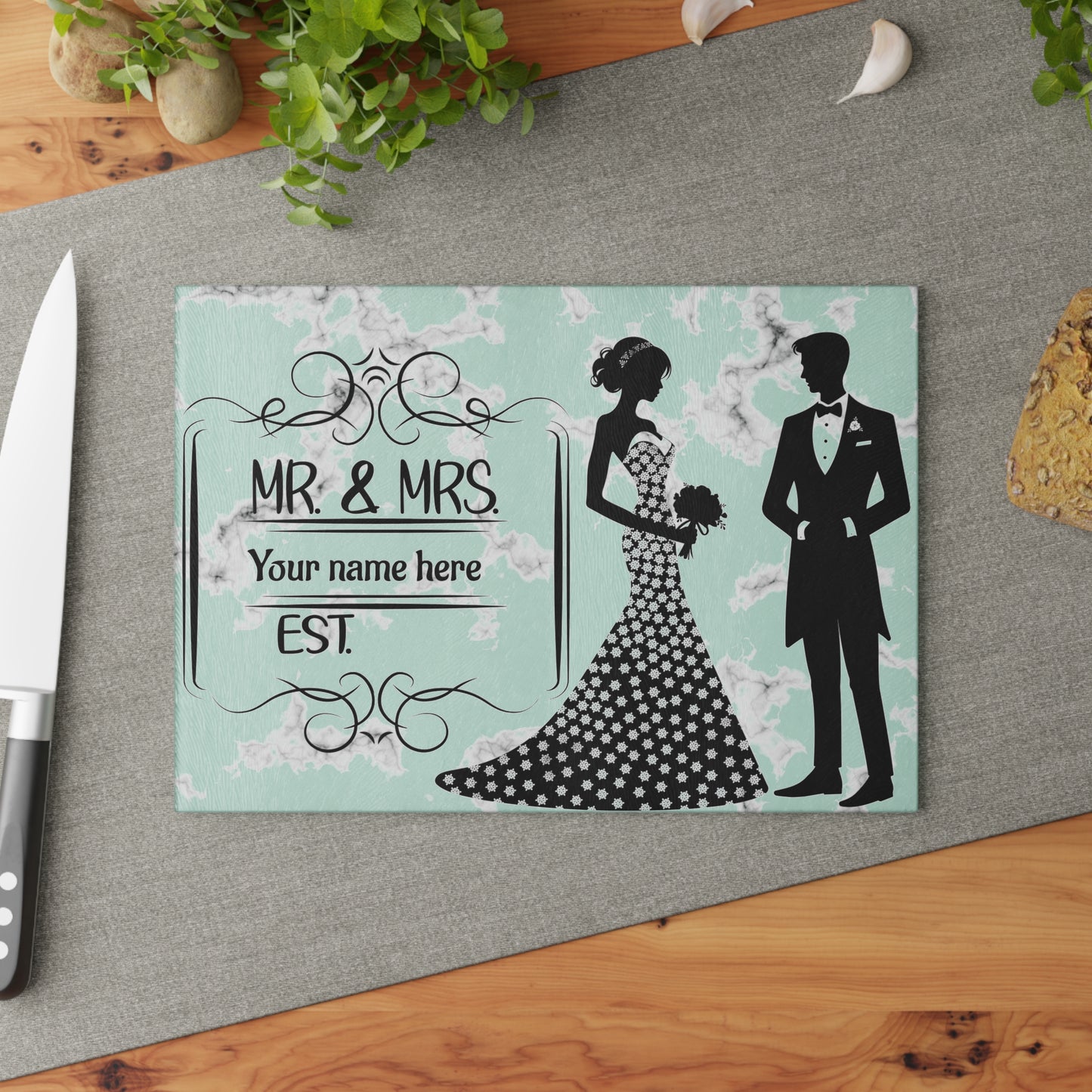 👰♀️ Elegante tabla de cortar de mármol para bodas de Sr. y Sra.: regalo personalizado para pareja con apellido y año