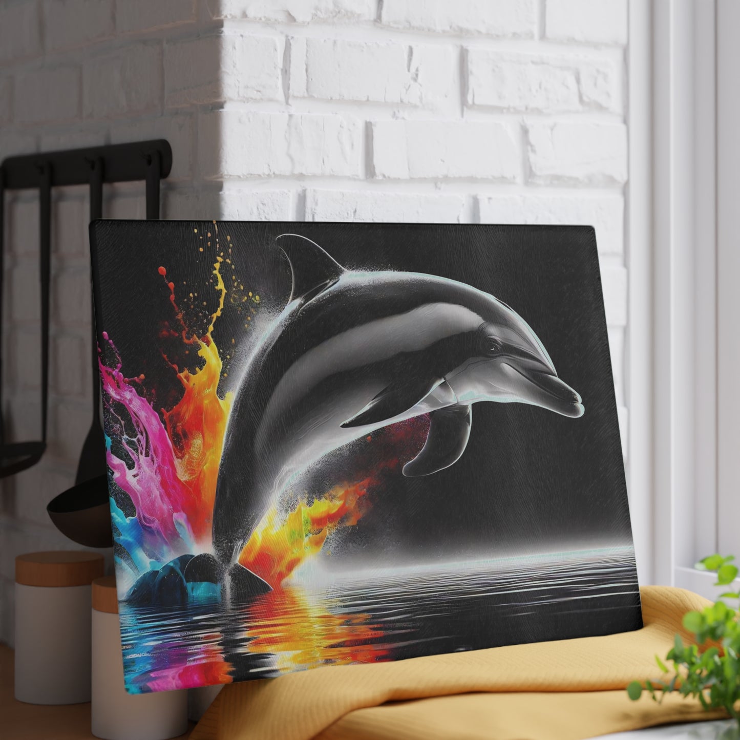 Tabla de cortar con diseño de delfín, vidrio templado con vibrantes escenas de delfines, regalo para chef, regalo para ella, regalo de boda o inauguración de la casa.