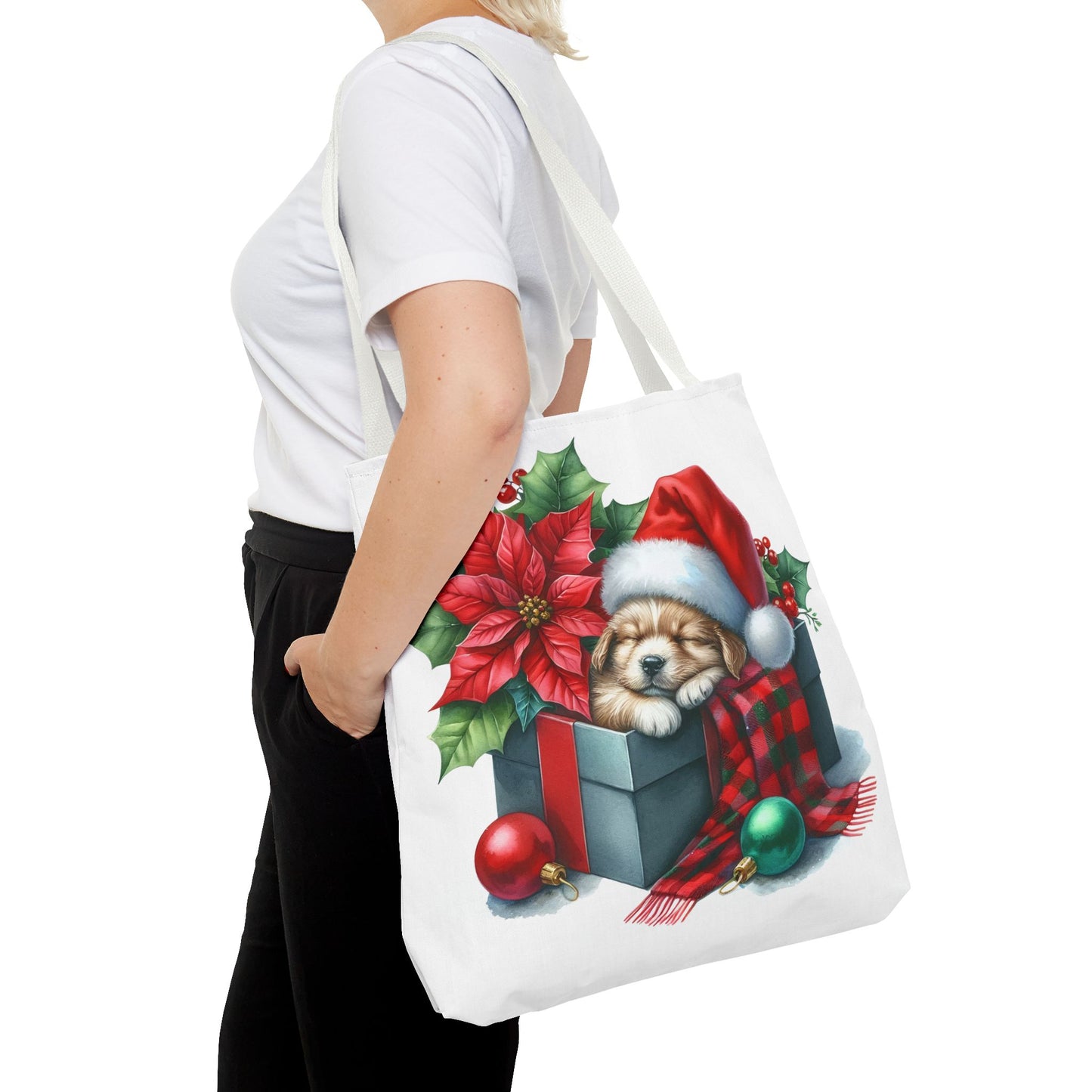 🎁 Sleeping Puppy in Gift Box Christmas Tote – Cozy Holiday Charm for Dog Lovers 🐾