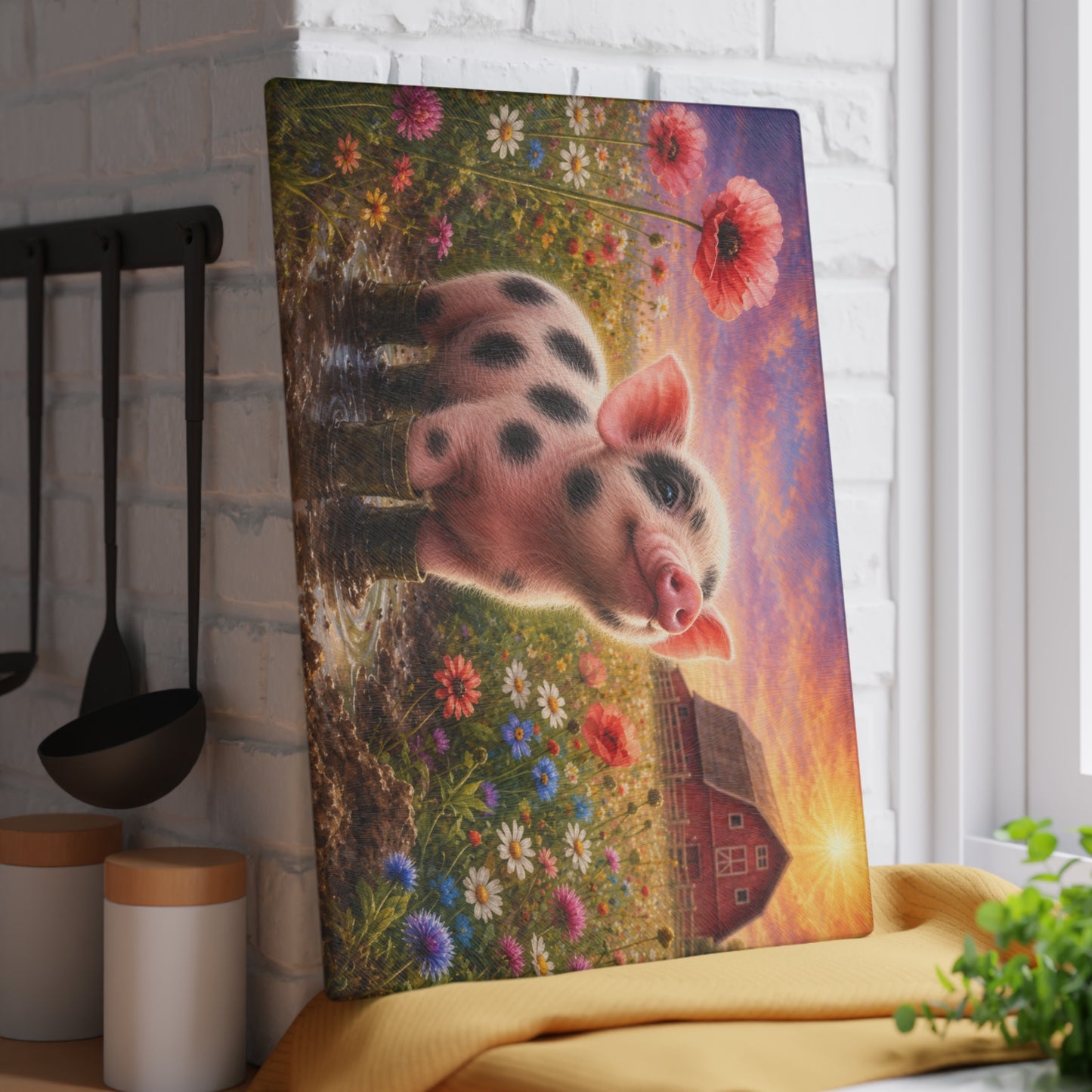 Piglet in Rain Boots Glass Cutting Board – Cute Baby Pig Farmhouse Kitchen Decor