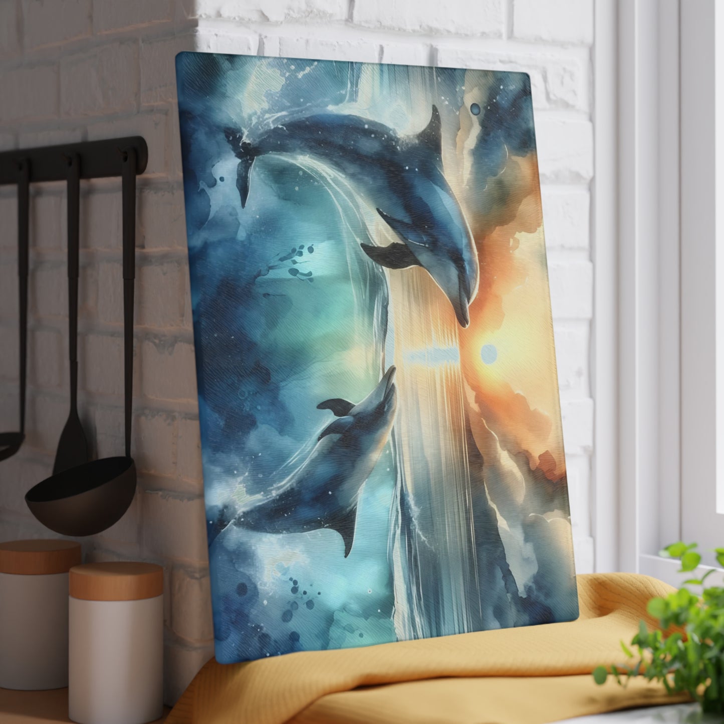 🌊🐬 Ocean Sunset Dolphins Cutting Board – Coastal Elegance for Your Kitchen 🐬🌊
