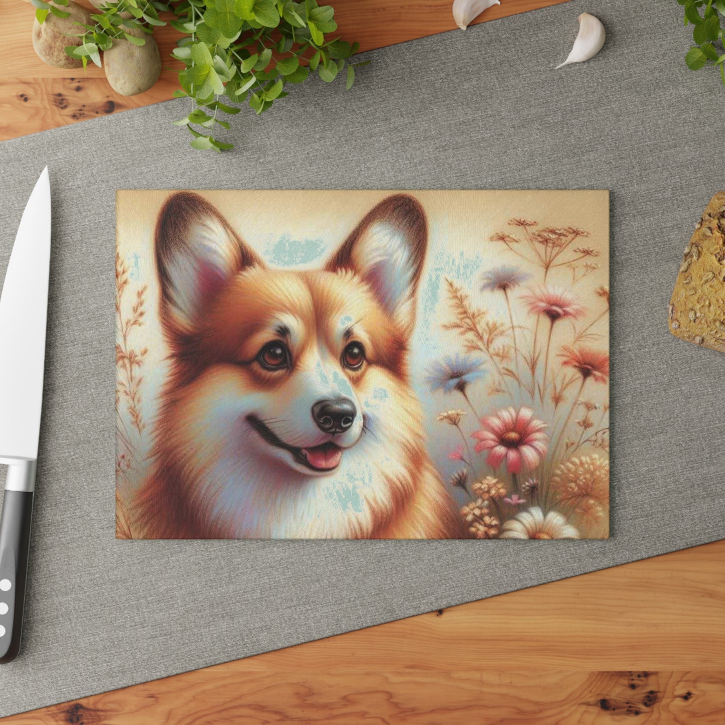 🐶 Corgi Charm Cutting Board – Warm Meadows & Puppy Smiles for Your Kitchen 🌼