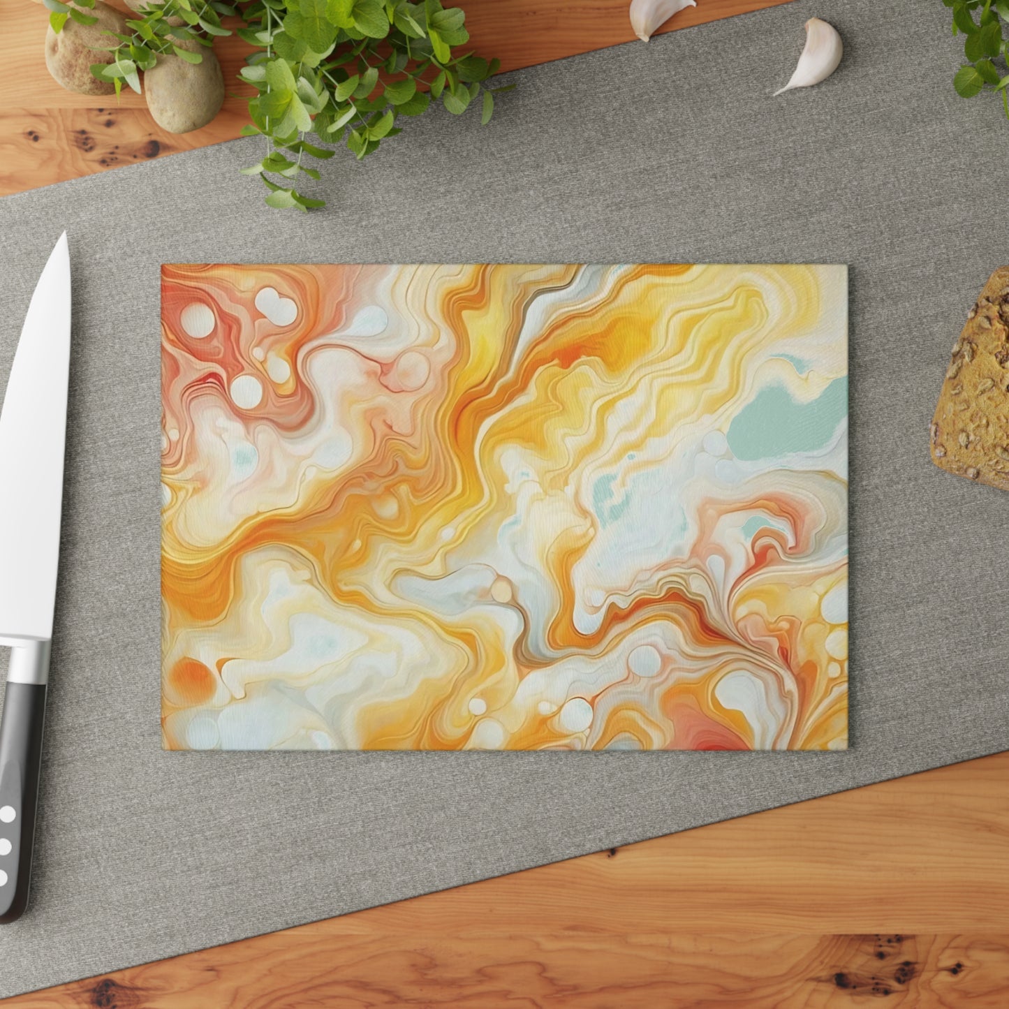 Tabla de cortar de vidrio templado con efecto mármol amarillo, gris y naranja: elegante decoración de cocina con aspecto de mármol, ideal para regalar y funcional.