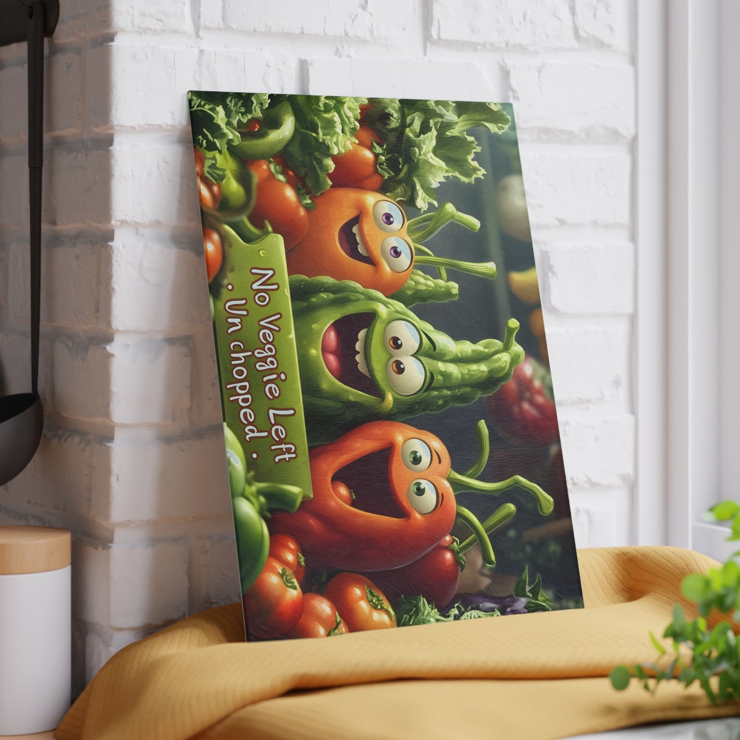 Tabla de cortar de vidrio “Ninguna verdura sin picar” – Humor de cocina con verduras que ríen 😆🍅
