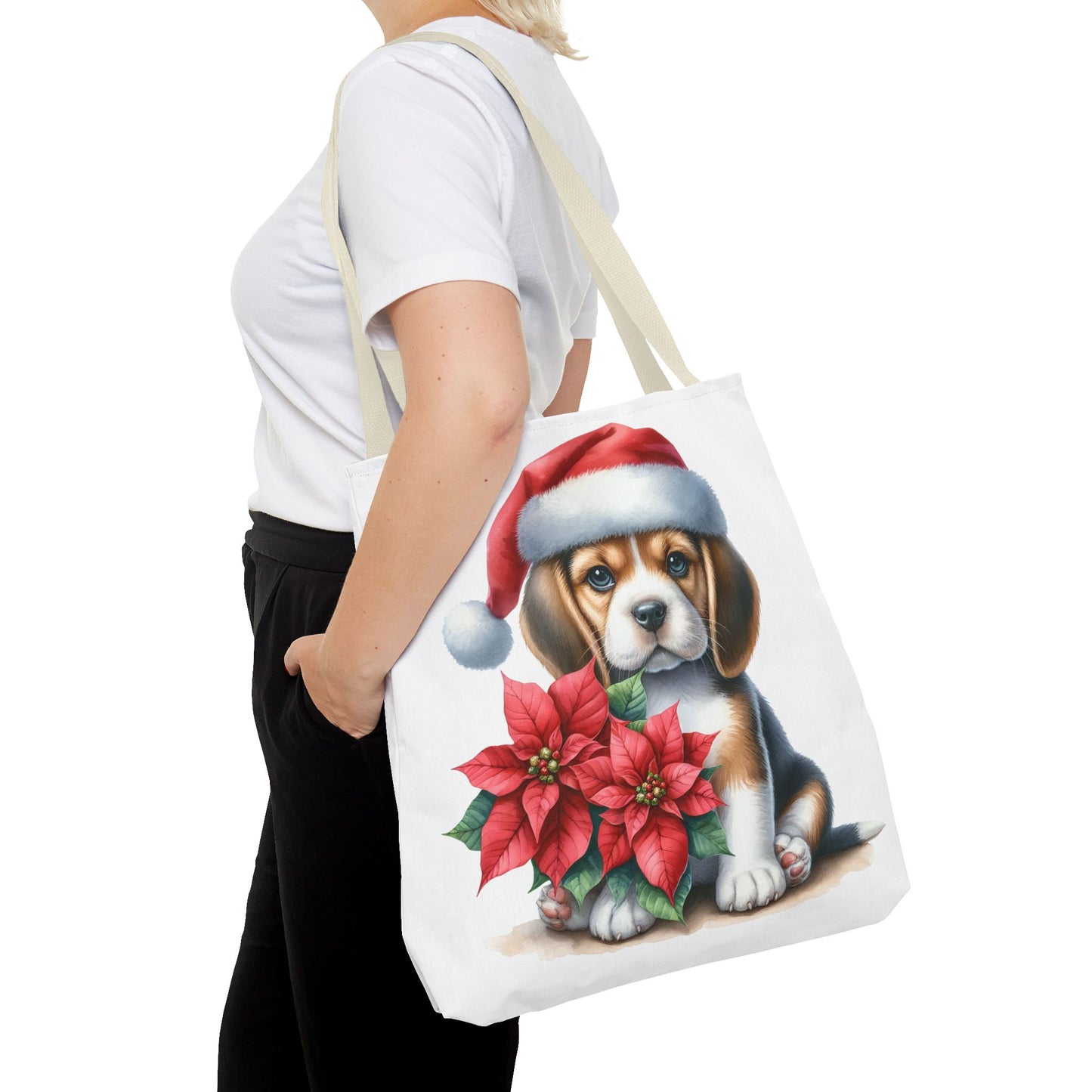 🐶 Beagle Puppy & Poinsettia Christmas Tote Bag – Sweet Holiday Charm in Every Step 🎄
