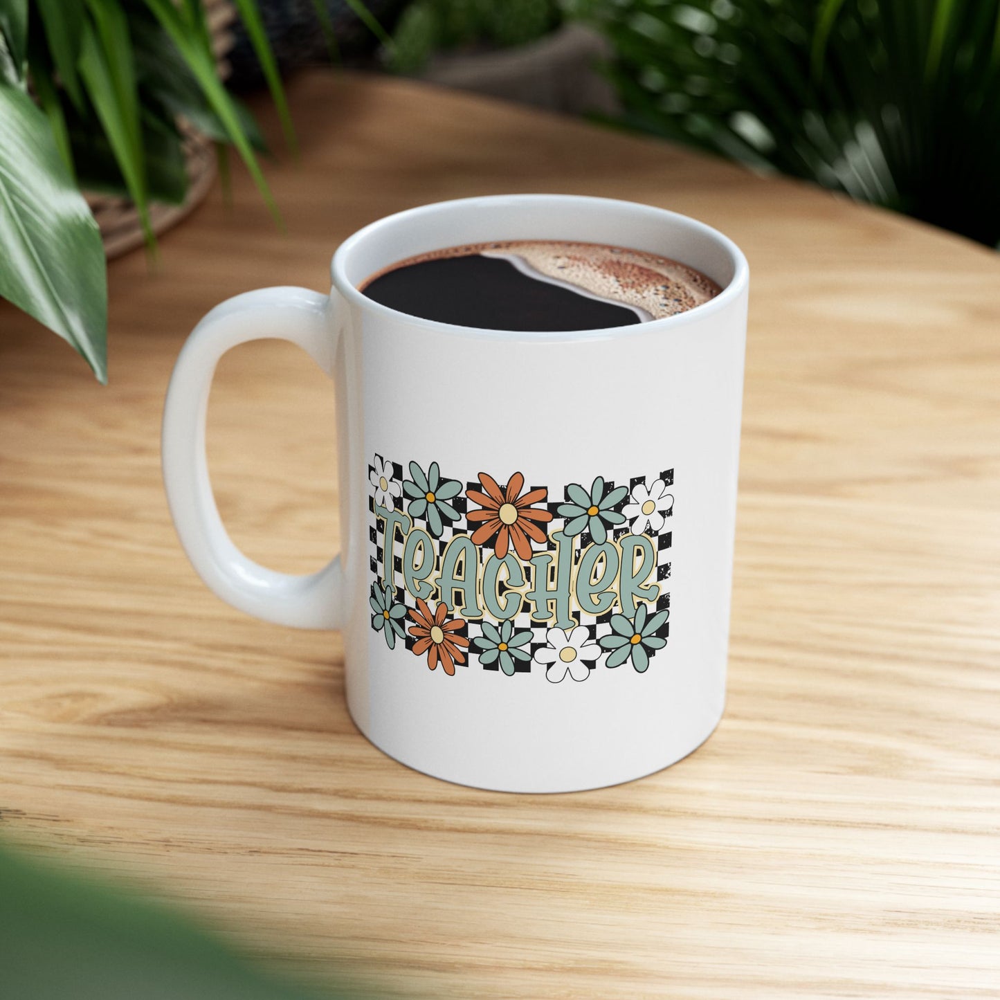 🍎🌼 Retro Teacher Floral Mug – A Groovy Sip for Everyday Educators 🌼🍎