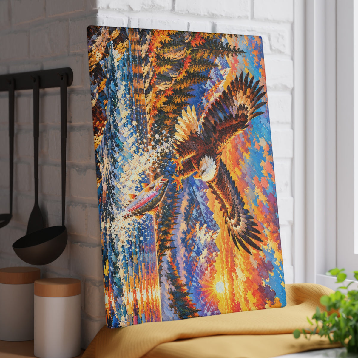Majestic Bald Eagle & Leaping Trout – Colorful Mountain Sunset Tempered Glass Cutting Board – Wildlife & Nature Kitchen Decor