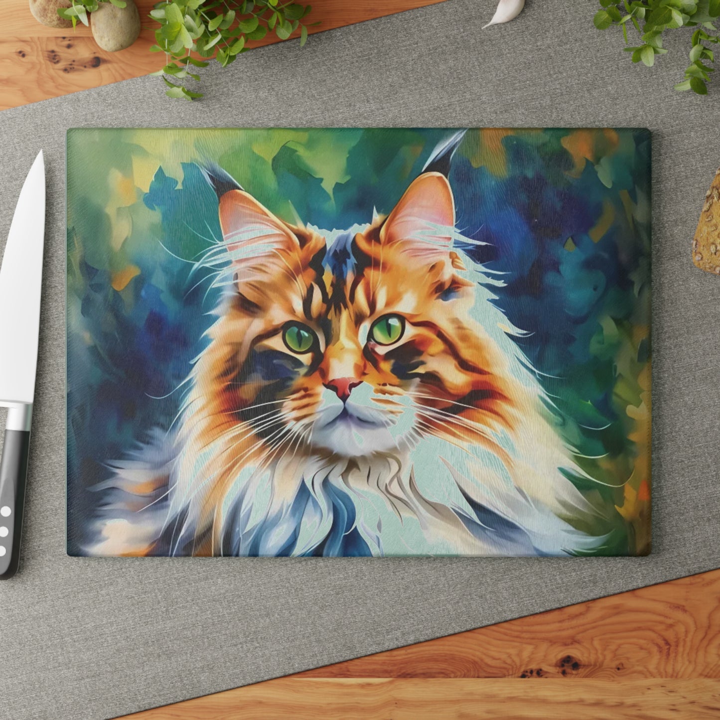 🐾🌿 Green-Eyed Maine Coon Forest Cat Cutting Board – Fierce Feline Charm for Nature-Loving Kitchens 🐱✨