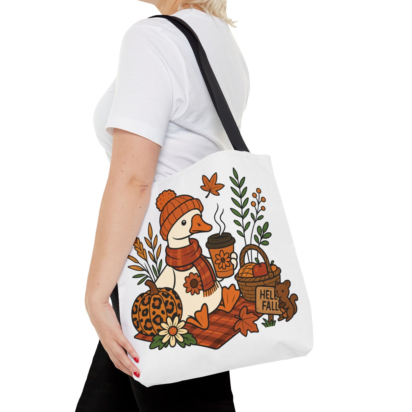 🧣 Hello Fall Cozy Duck Tote Bag – A Quirky Autumn Hug in a Bag 🍂🦆