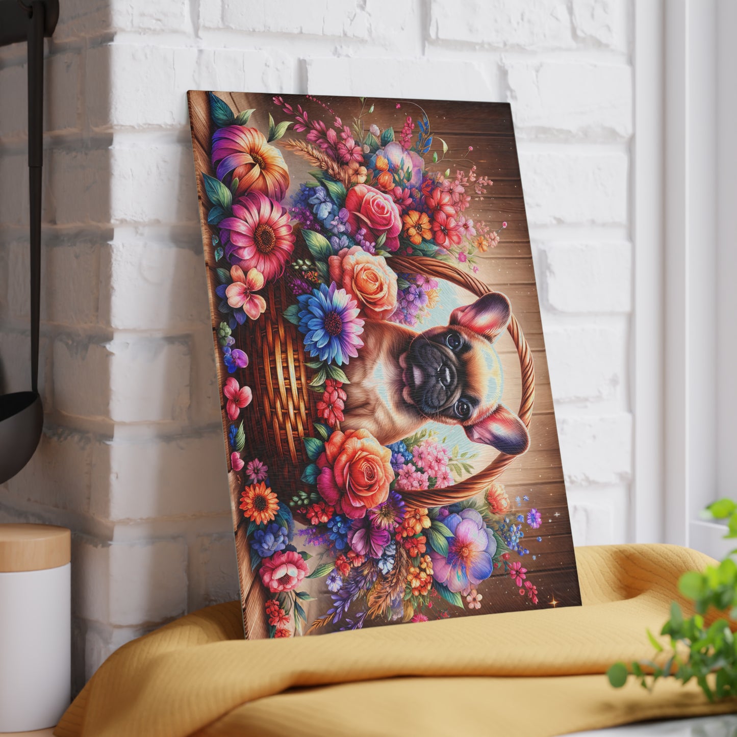 🐾 Fawn French Bulldog in Bloom Basket Cutting Board – Rustic Elegance Meets Frenchie Charm 🌼
