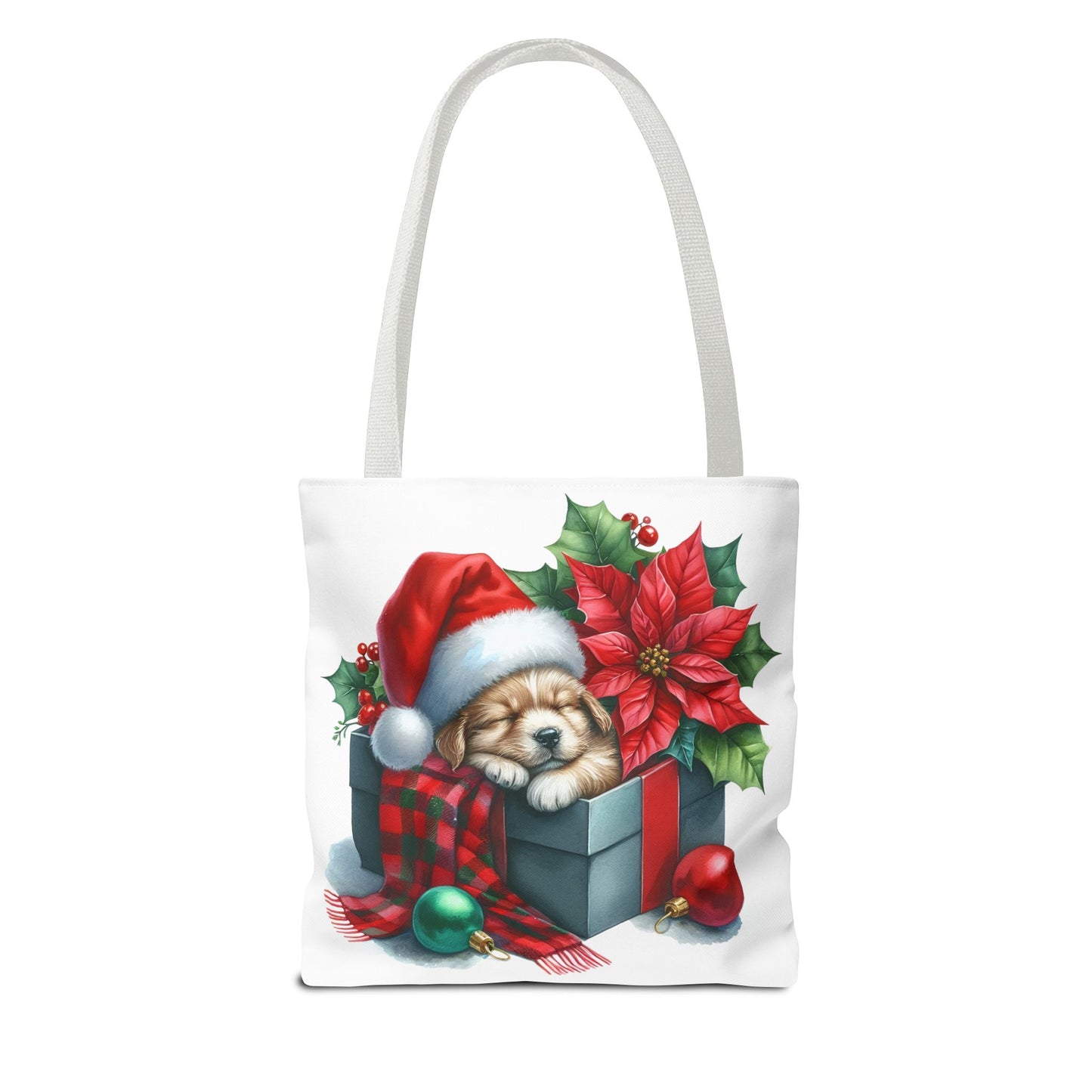 🎁 Sleeping Puppy in Gift Box Christmas Tote – Cozy Holiday Charm for Dog Lovers 🐾