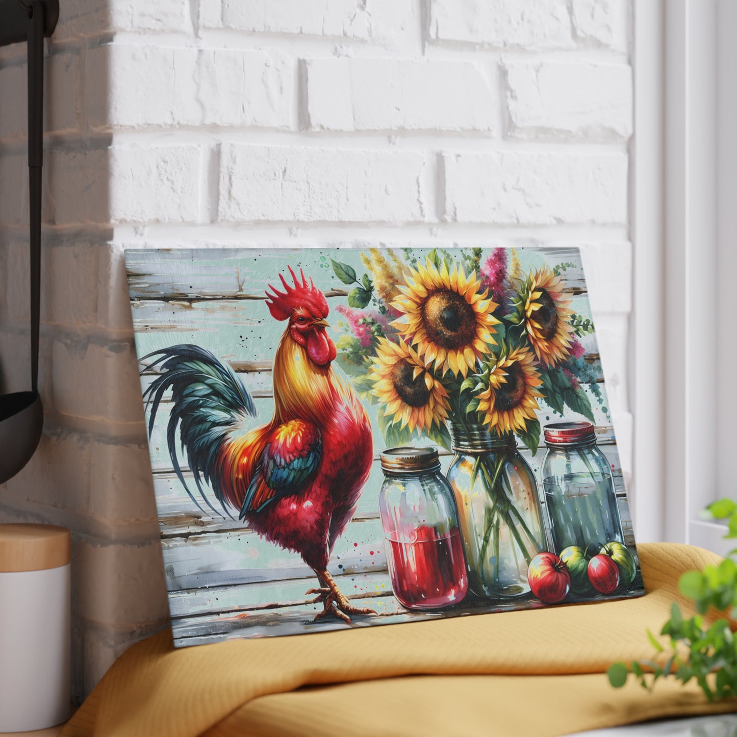🐓 Bold Rooster & Mason Jar Cutting Board – Rustic Sunflower Farmhouse Decor
