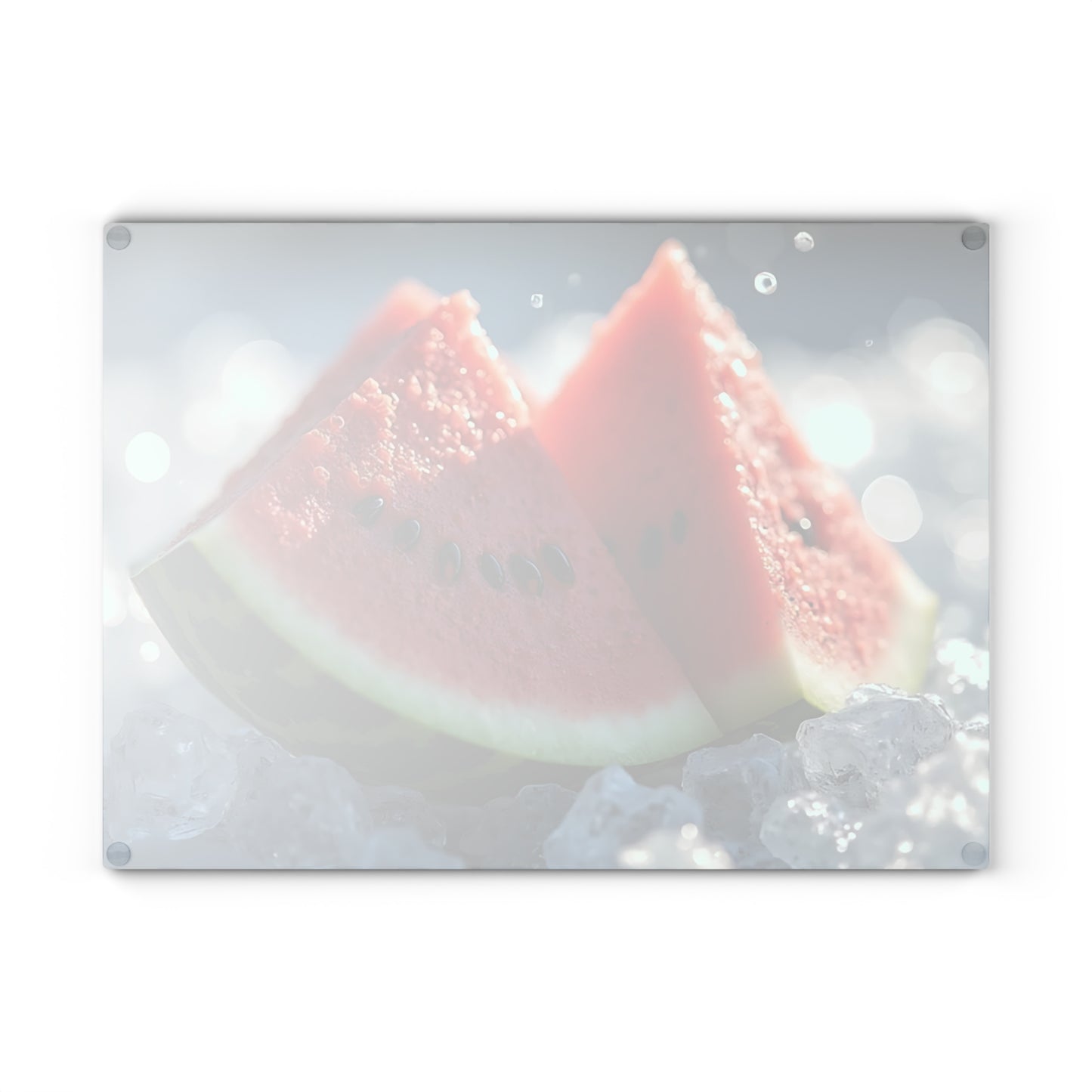 Tabla de cortar de vidrio con rodajas de sandía sobre hielo: una refrescante decoración de cocina de verano, un vibrante regalo con temática frutal.