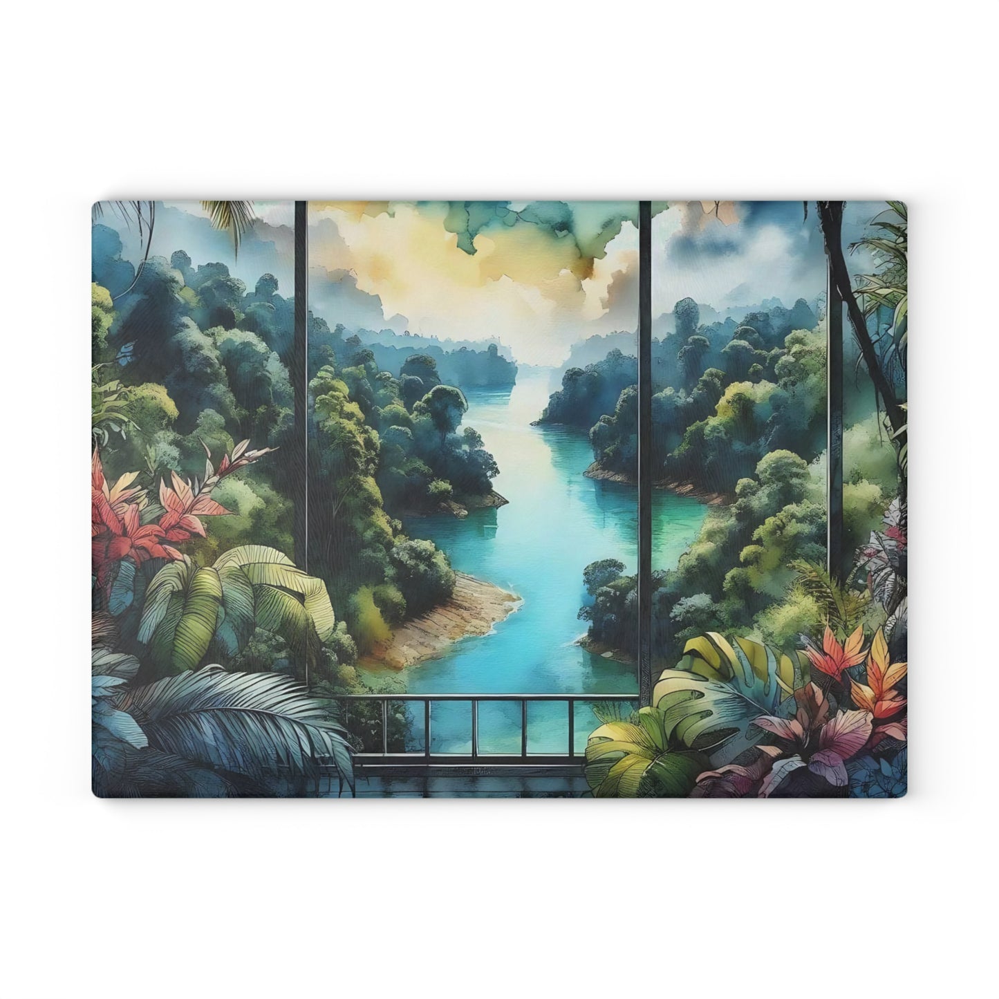 Tabla de cortar de vidrio templado con vista tropical: Escápate al paraíso