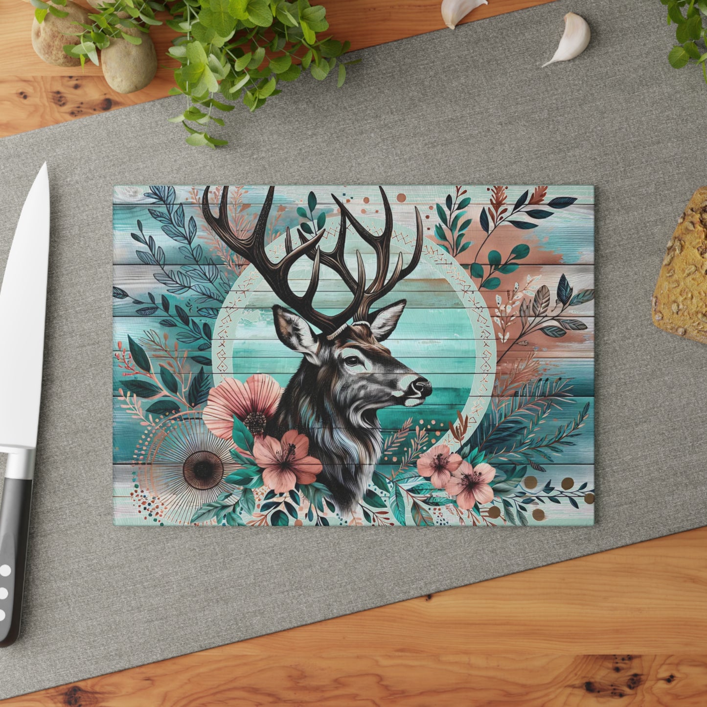 🦌🌸 Rustic Deer Floral Cutting Board – Woodland Cabin Kitchen Décor with Antlers & Flowers 🌿🏞️
