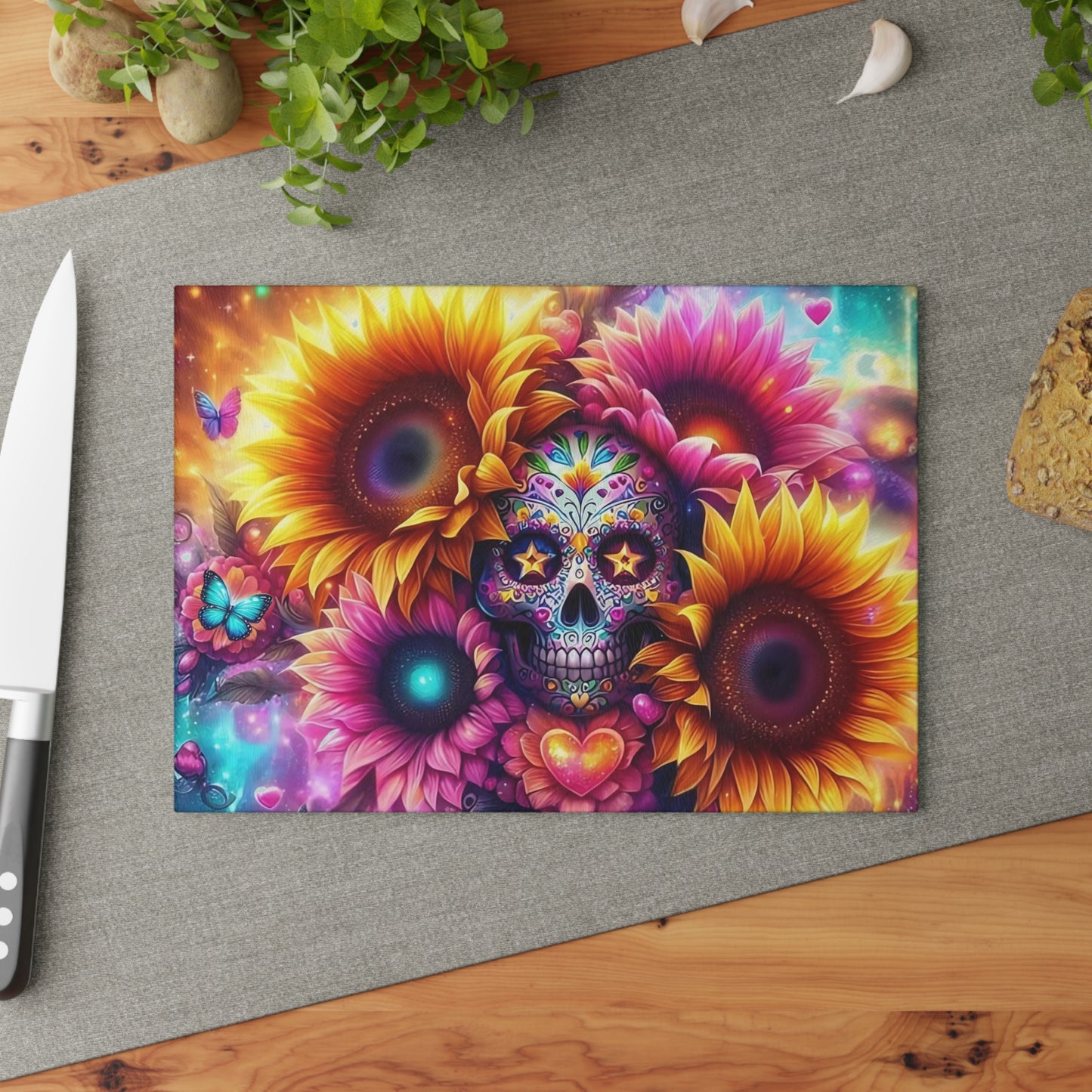 🌻💀 Sugar Skull & Sunflowers Cutting Board – Bold Día de los Muertos Vibes for Your Kitchen