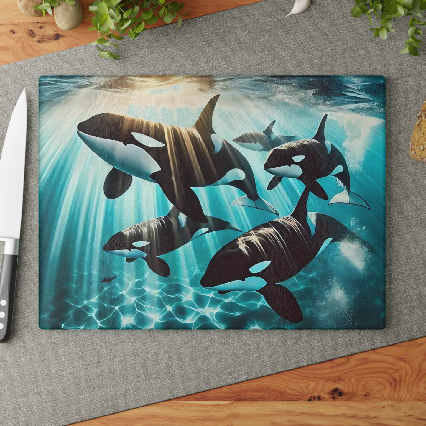 🐋✨ Orca Pod Cutting Board – Ocean Majesty for Your Kitchen 🌊