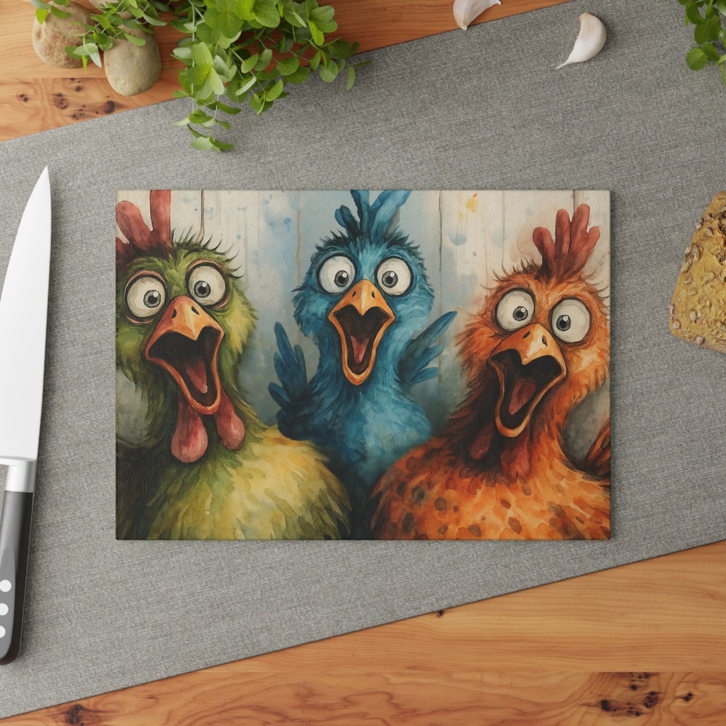 🐔🎨 Cluckin’ Crazy Fun – Colorful Chicken Glass Cutting Board for Farmhouse Charm 🐓