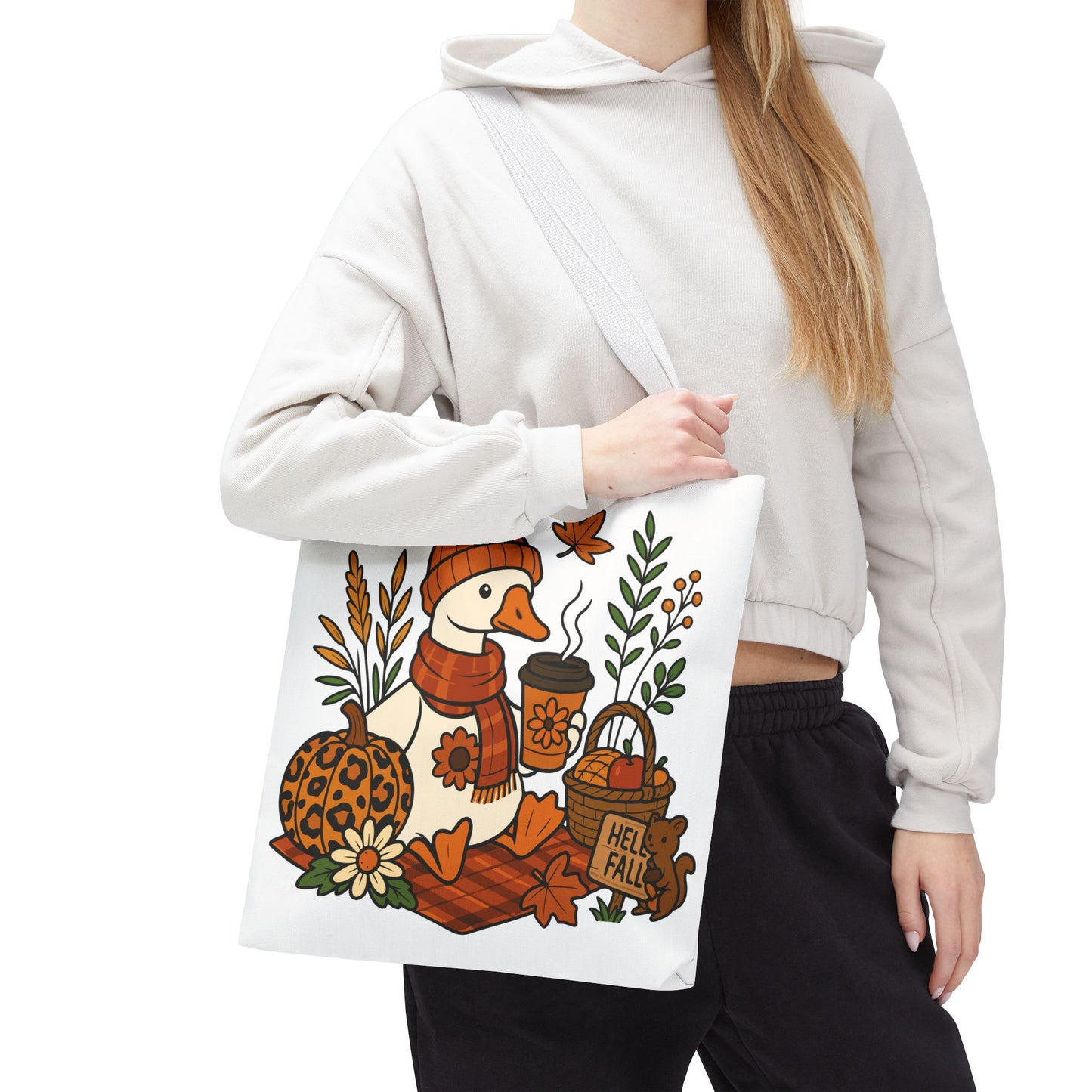 🧣 Hello Fall Cozy Duck Tote Bag – A Quirky Autumn Hug in a Bag 🍂🦆