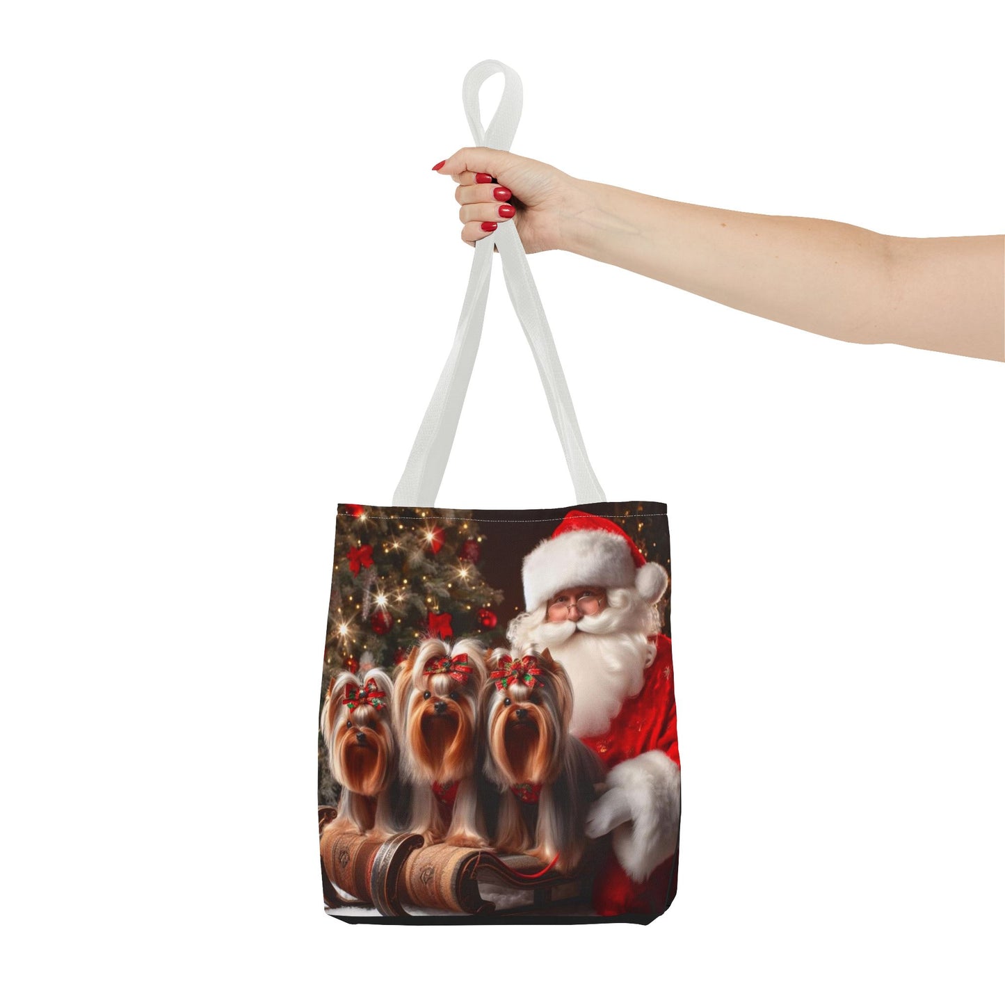🎅 Santa & Yorkies Christmas Tote Bag – Holiday Cheer with a Furry Twist 🎄