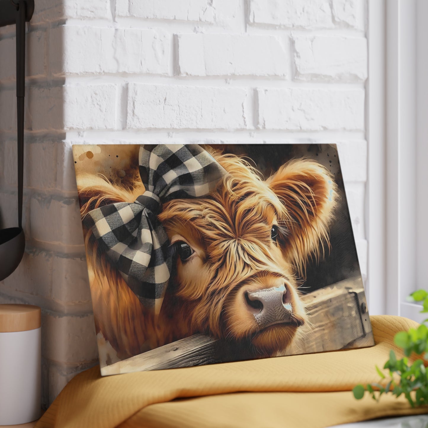 Tabla de cortar de vidrio con diseño de vaca de las Tierras Altas y lazo a cuadros – Decoración de cocina rústica