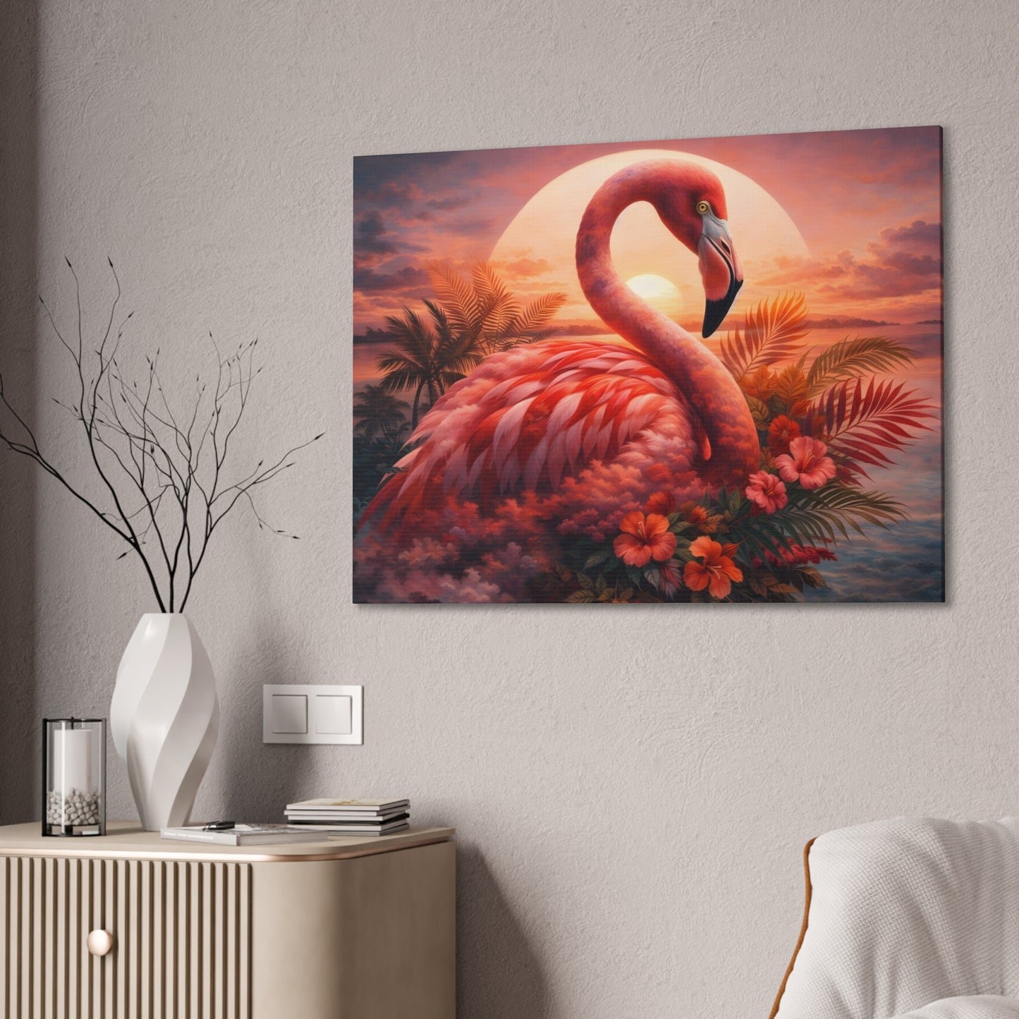 Flamingo Sunset Canvas Wall Art - Tropical Beach Sunset Print