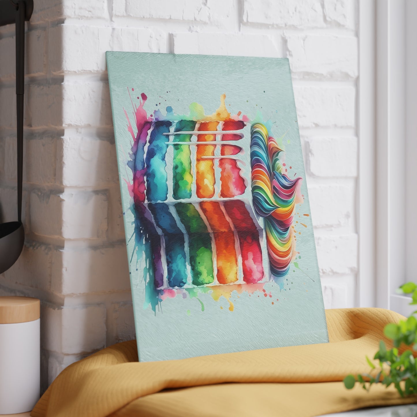 Tabla de cortar de vidrio templado con diseño de pastel arcoíris