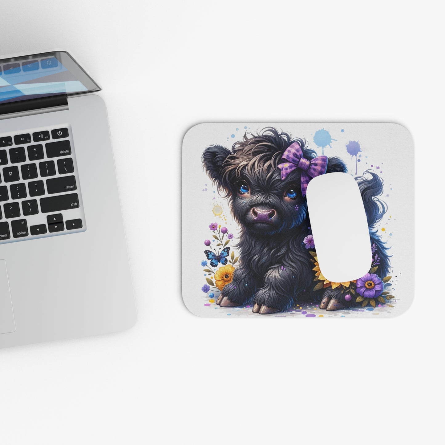 🖱️🌼🐮 Highland Calf w/ Purple Bow Mouse Pad – Playful Country Charm for Your Desk