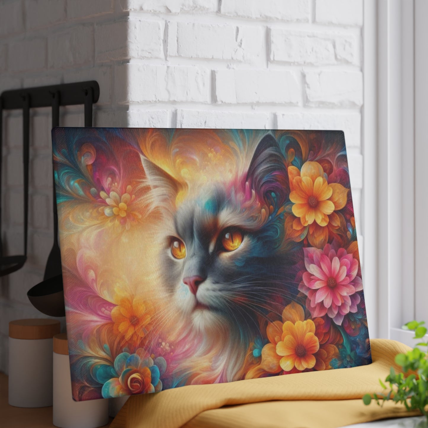 Tabla de cortar con diseño de gato colorido y flores: un encanto caprichoso para los amantes de los gatos