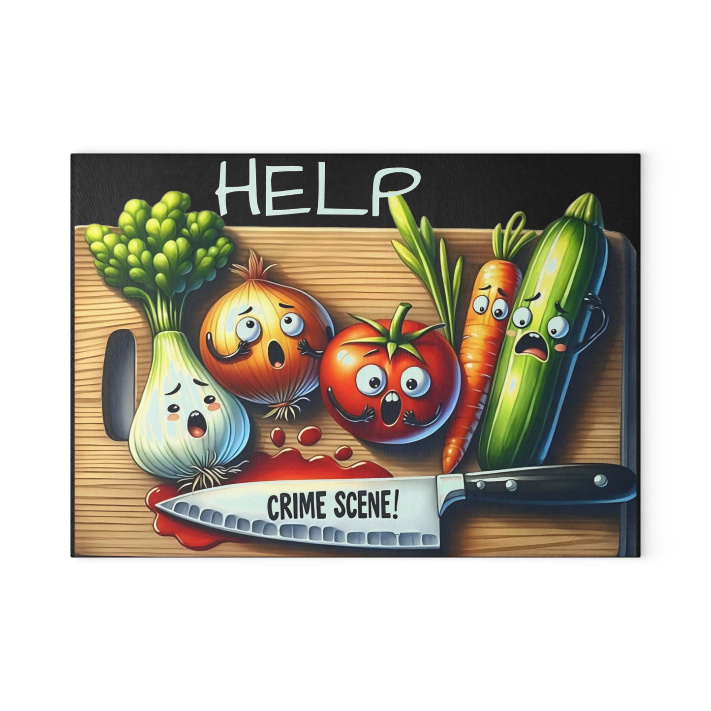 Tabla de cortar de vidrio para escena del crimen en la cocina: ¡Vegetales gritones y estilo asesino!