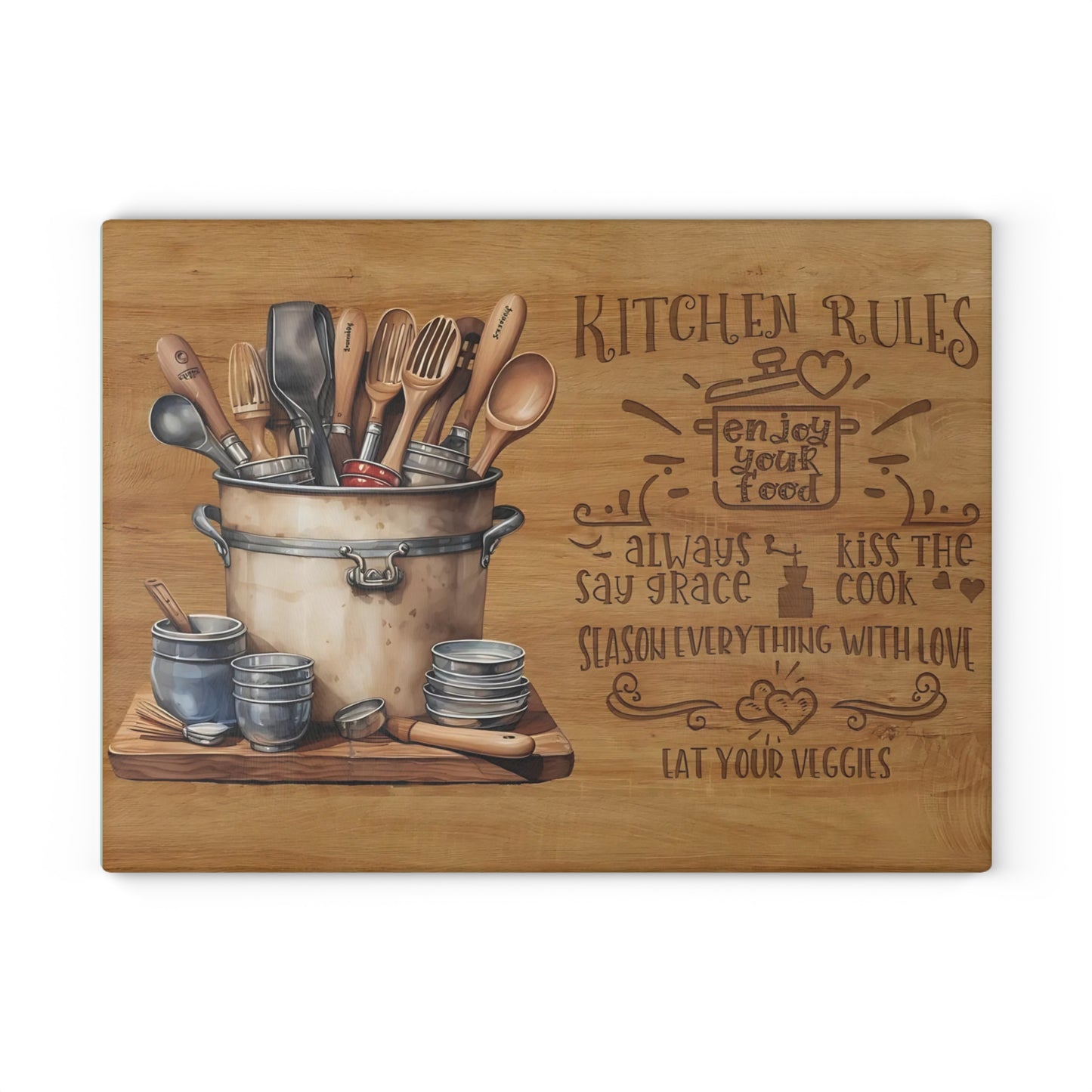 Rustic "Kitchen Rules" Glass Cutting Board – Farmhouse Kitchen Décor