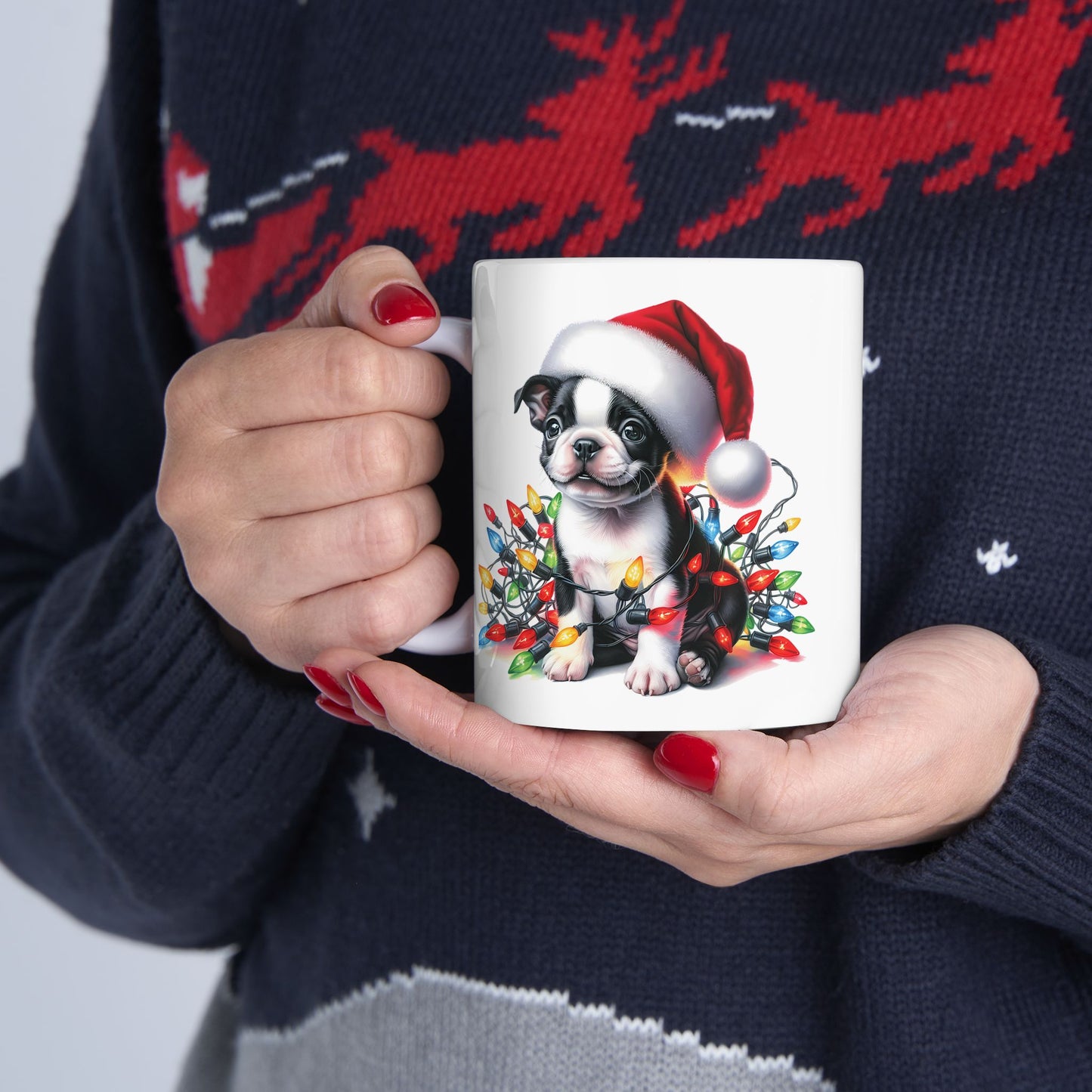 🎄 Boston Terrier Christmas Lights Mug – Adorable Holiday Cheer in Every Sip! 🐾