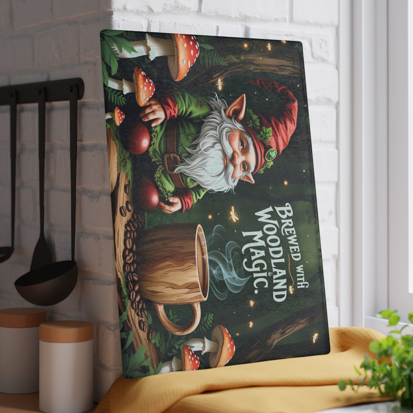 🍄☕ Brewed with Woodland Magic Gnome Cutting Board – Enchant Your Kitchen 🍄☕