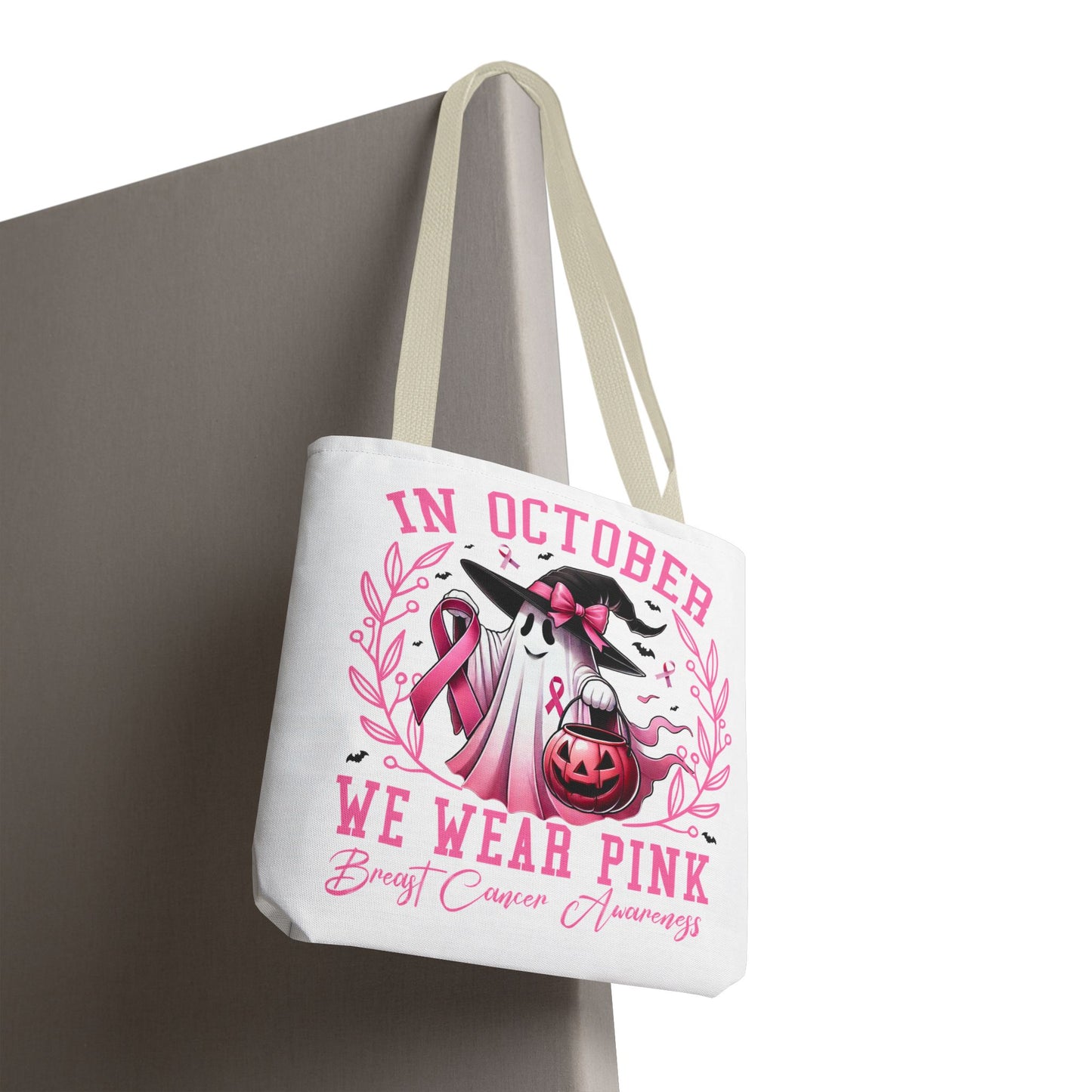 🎀 In October We Wear Pink Tote Bag – Breast Cancer Awareness with Spooky Charm 🎃
