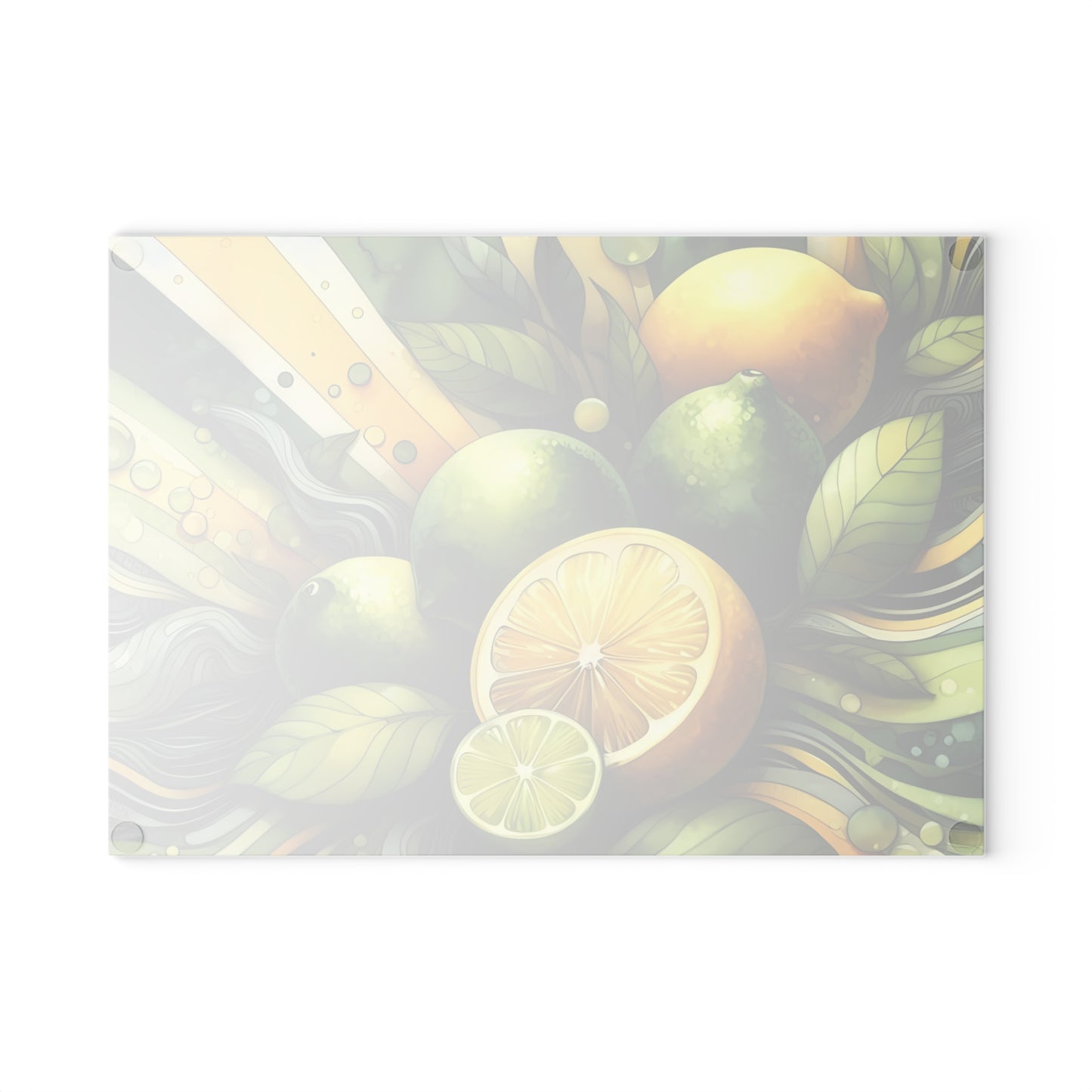 Tabla de cortar de vidrio con limones y limas frescas: decoración de cocina y estilo para servir con un toque cítrico
