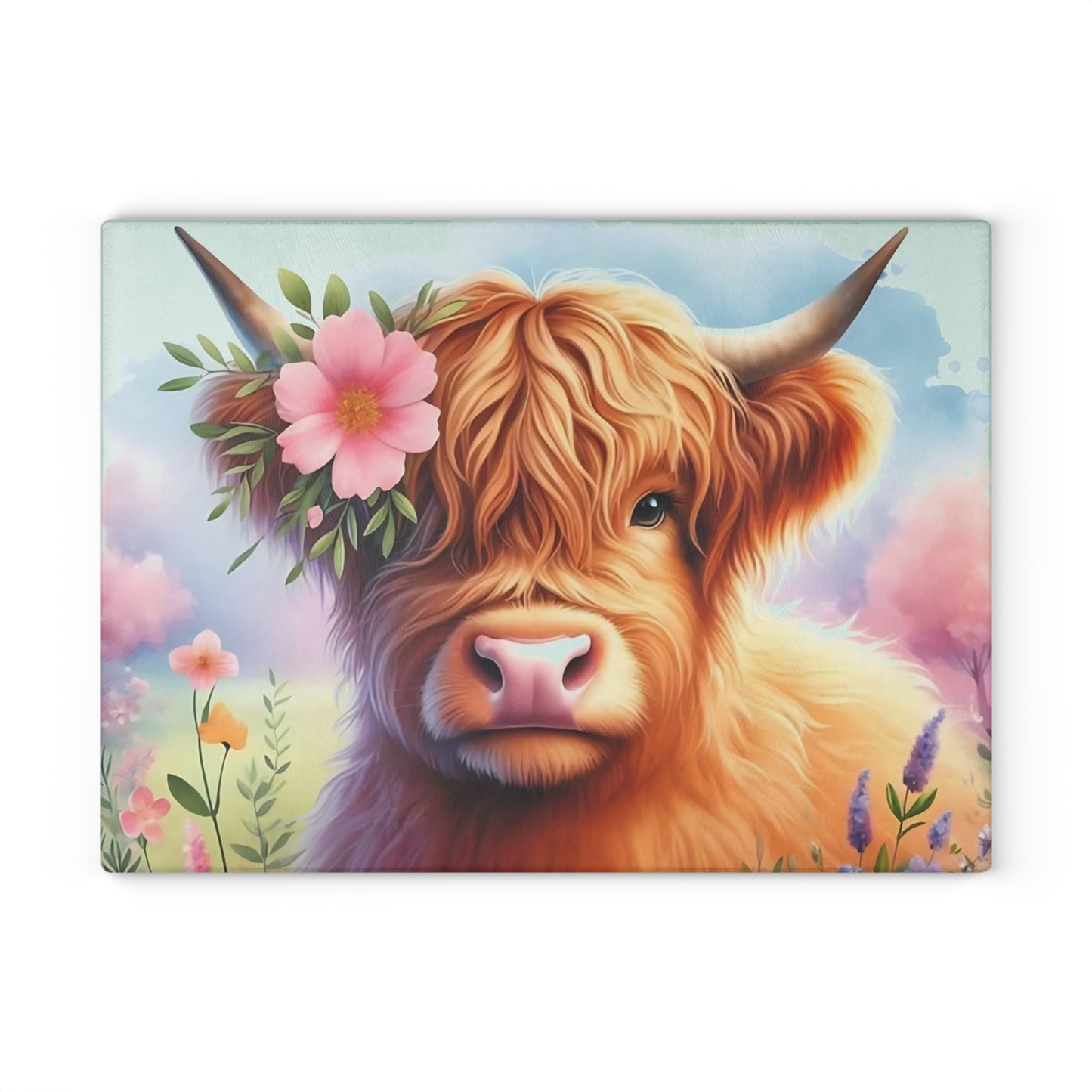 🐮 Highland Cow with Floral Crown – Rustic Farmhouse Glass Cutting Board